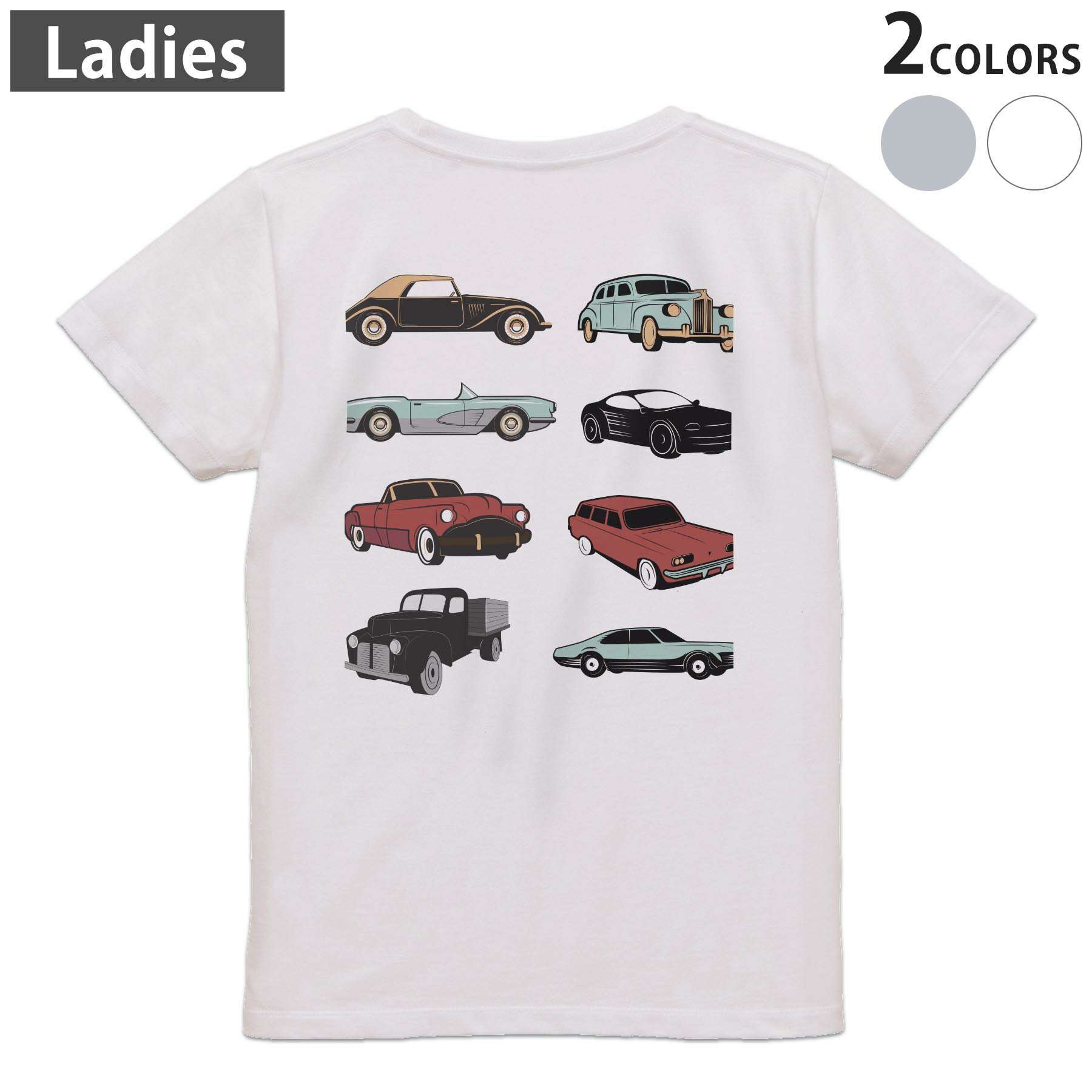 Rakuten - Tシャツ レディース バックプリント 半袖 ホワイト グレー デザイン M Lティーシャツ T shirt 010758 レトロ　車　イラスト