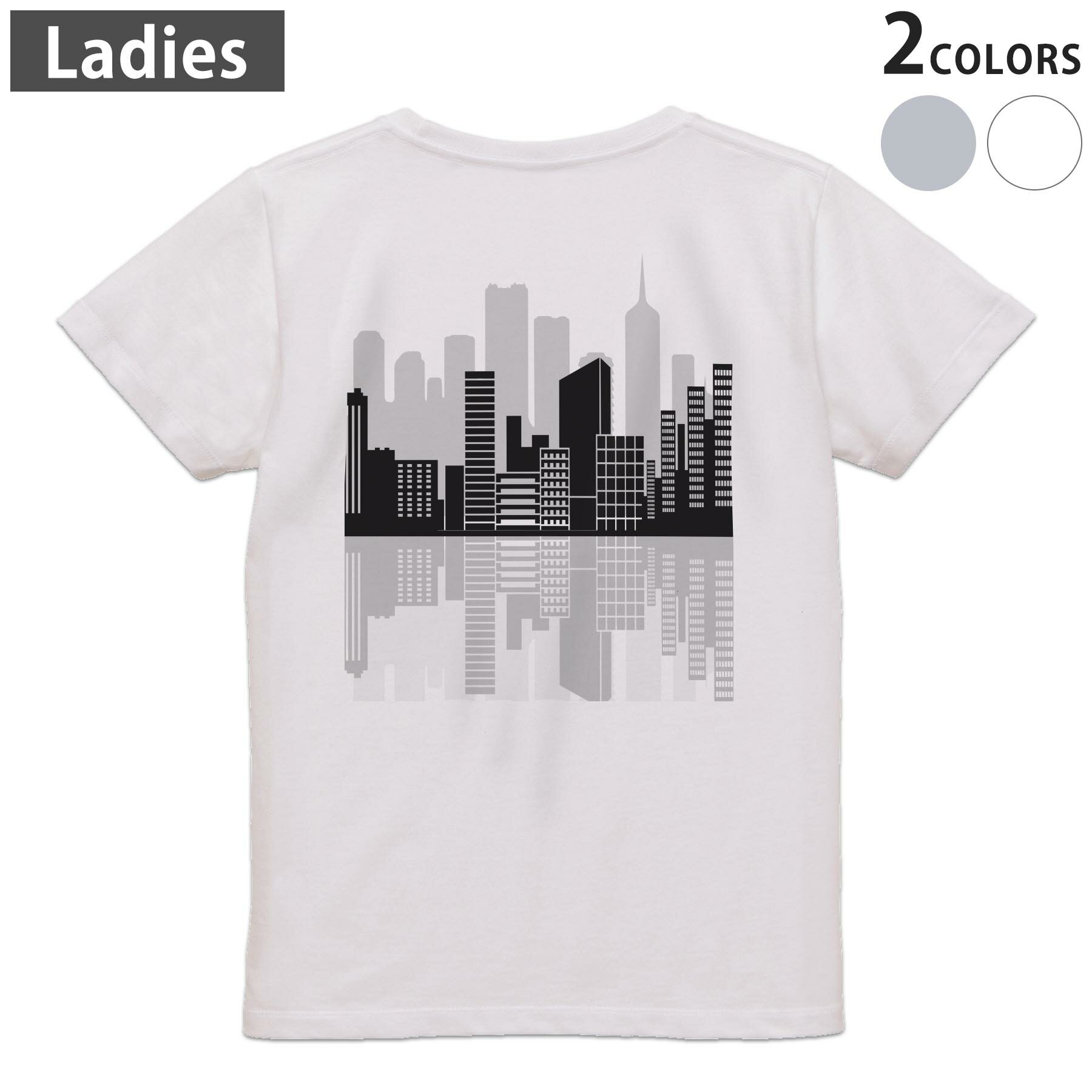 Tシャツ レディース バックプリント 半袖 ホワイト グレー デザイン M Lティーシャツ T shirt 010954 風景 白 黒