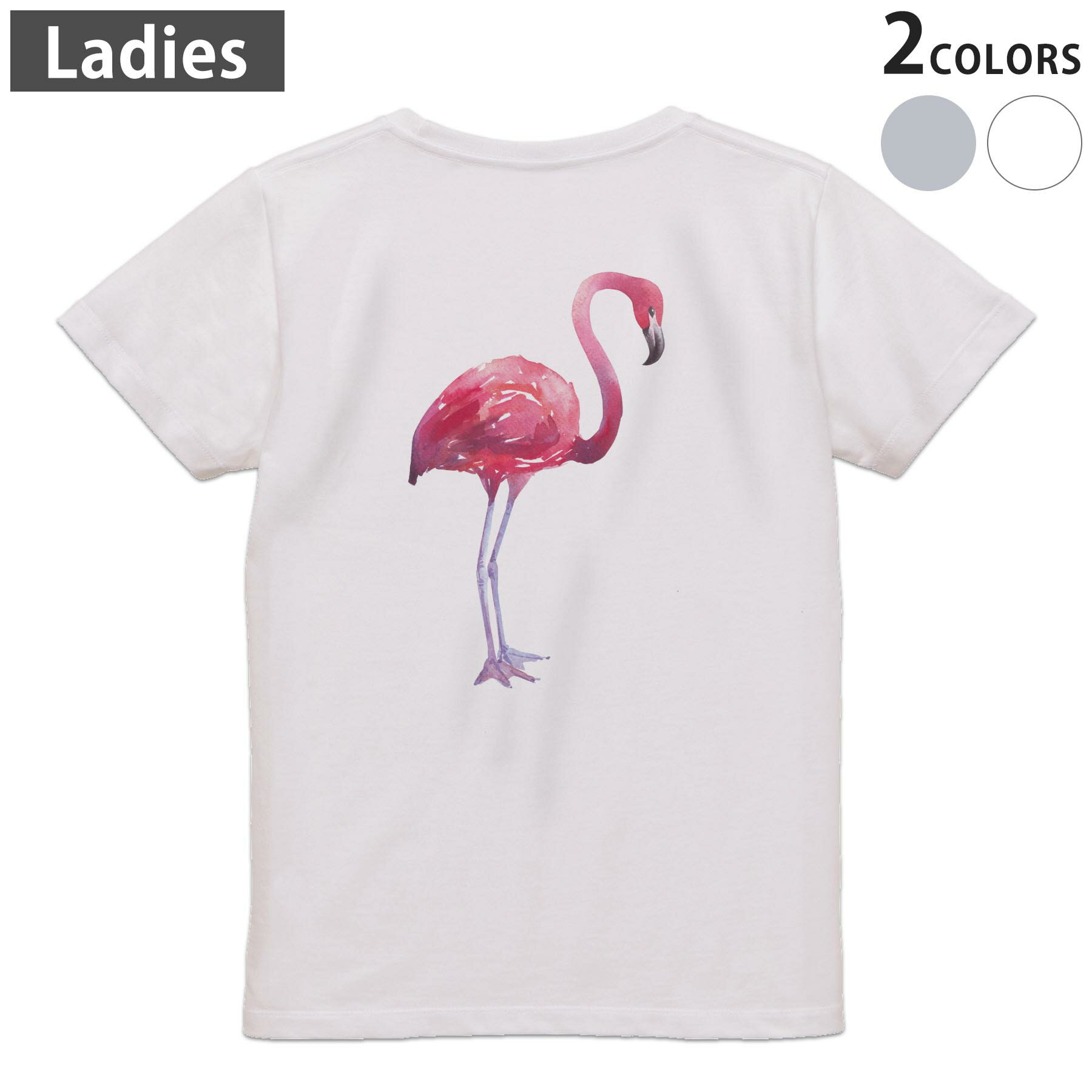 Print - Tシャツ レディース バックプリント 半袖 ホワイト グレー デザイン M Lティーシャツ T shirt 011410 フラミンゴ　ピンク　鳥