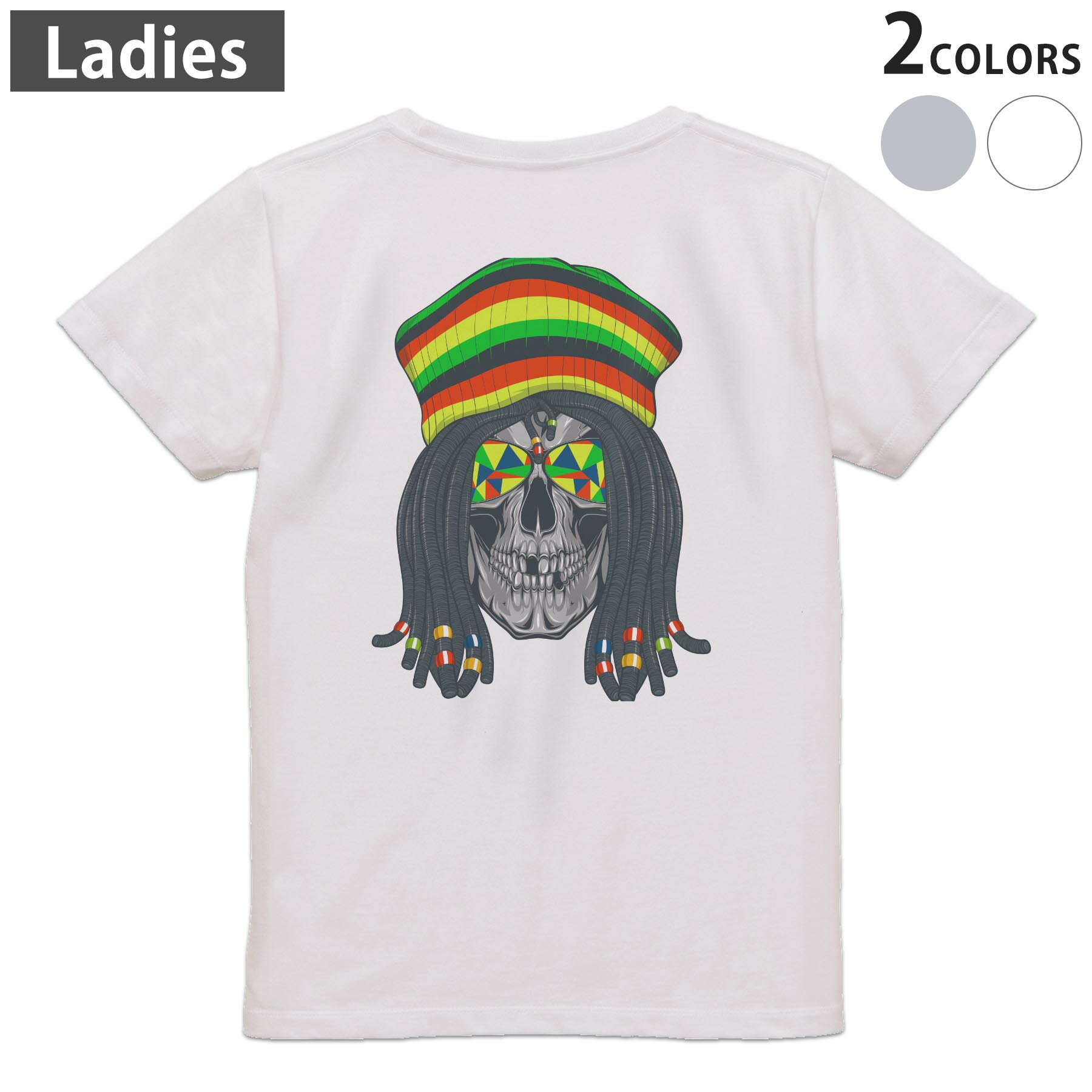 Tシャツ レディース バックプリント 半袖 ホワイト グレー デザイン M Lティーシャツ T shirt 011717 骸骨　ドクロ　レゲエ