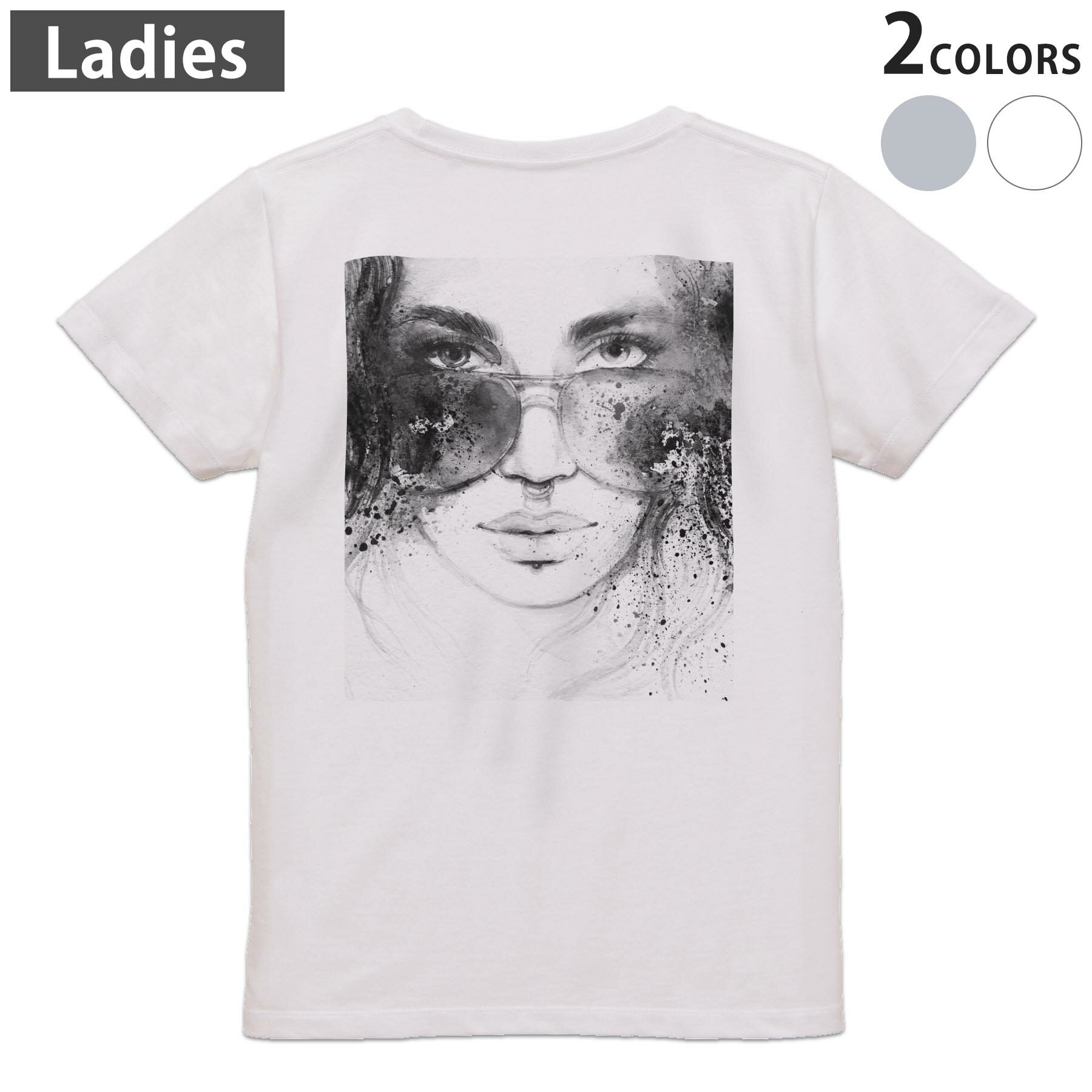 Rakuten - Tシャツ レディース バックプリント 半袖 ホワイト グレー デザイン M Lティーシャツ T shirt 012060 女性　イラスト　モノトーン