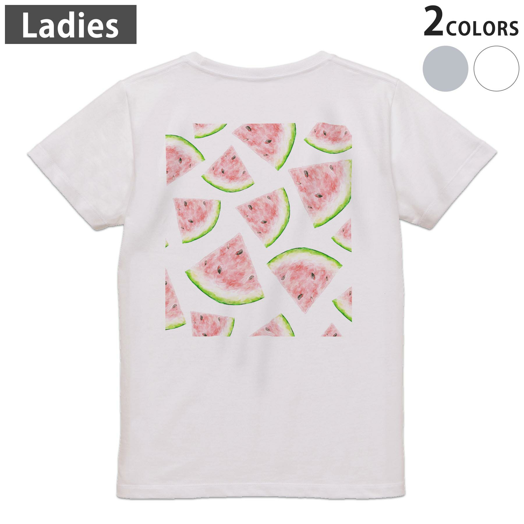 Tシャツ レディース バックプリント 半袖 ホワイト グレー デザイン M Lティーシャツ T shirt 012205 スイカ　果物　夏