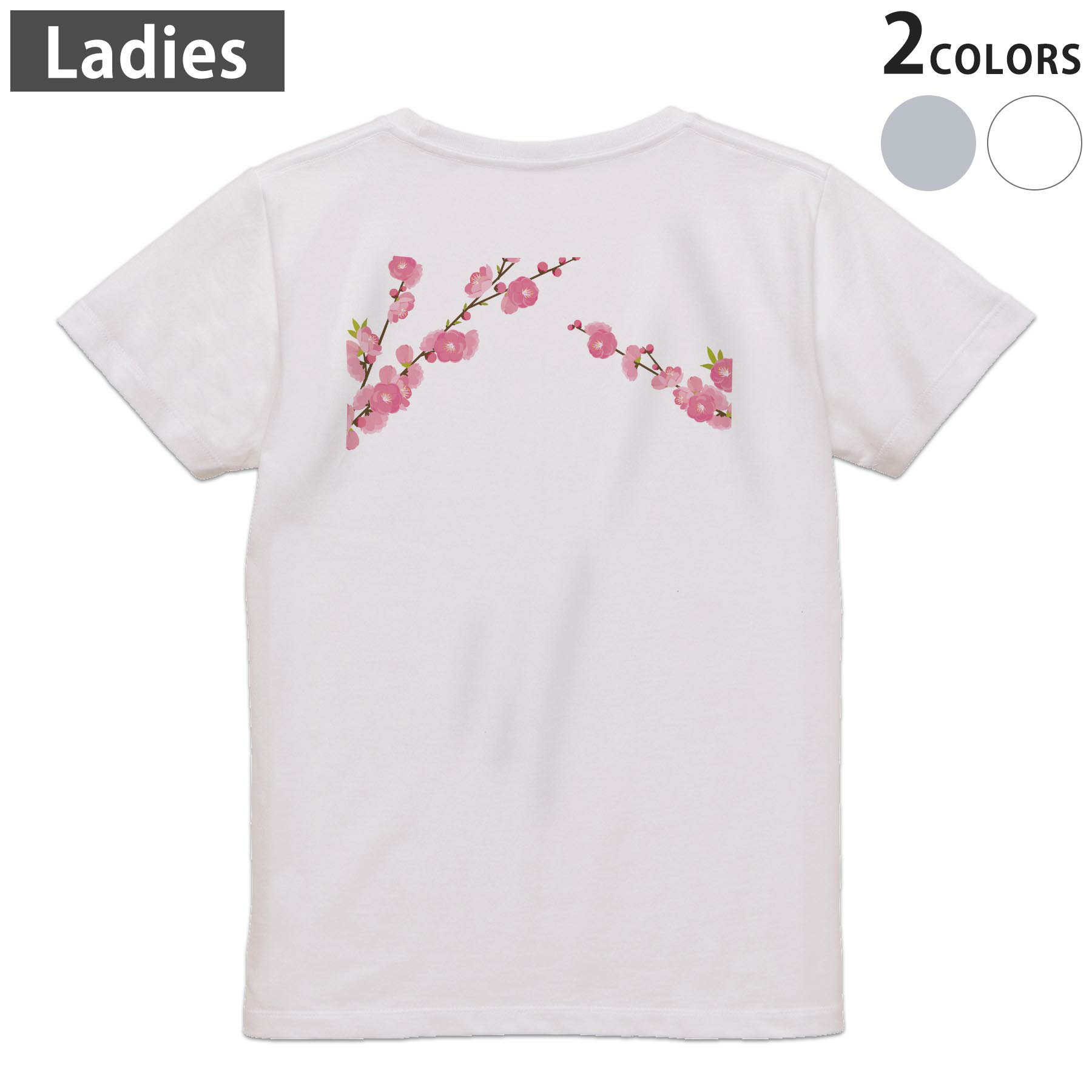 Tシャツ レディース バックプリント 半袖 ホワイト グレー デザイン M Lティーシャツ T shirt 012862 ひな祭り 桃の花 節句
