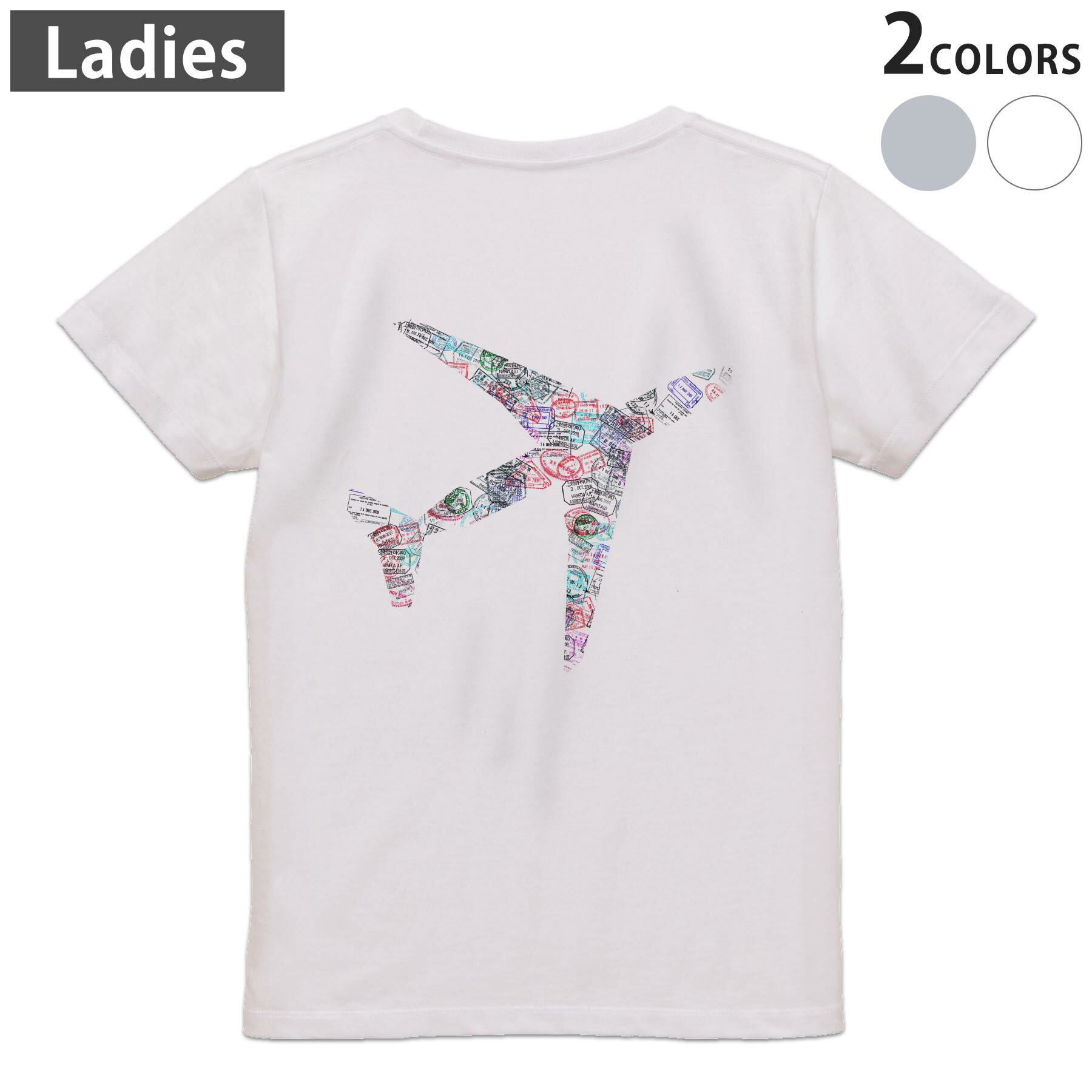 Tシャツ レディース バックプリント 半袖 ホワイト グレー デザイン M Lティーシャツ T shirt 012913 飛行機　スタンプ　英語