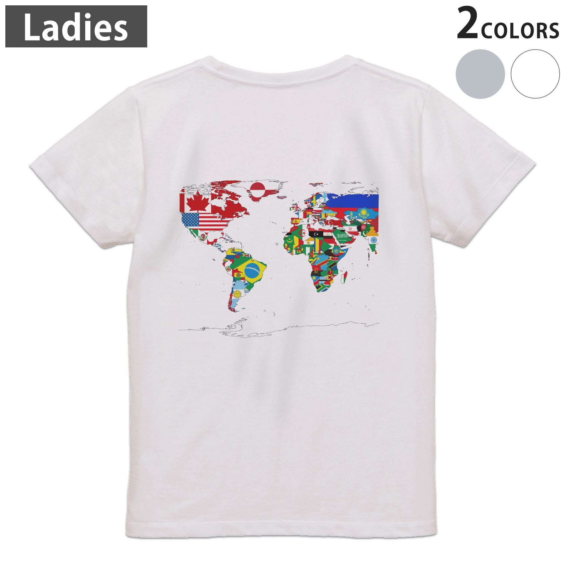 Print - Tシャツ レディース バックプリント 半袖 ホワイト グレー デザイン M Lティーシャツ T shirt 013184 地図　世界地図