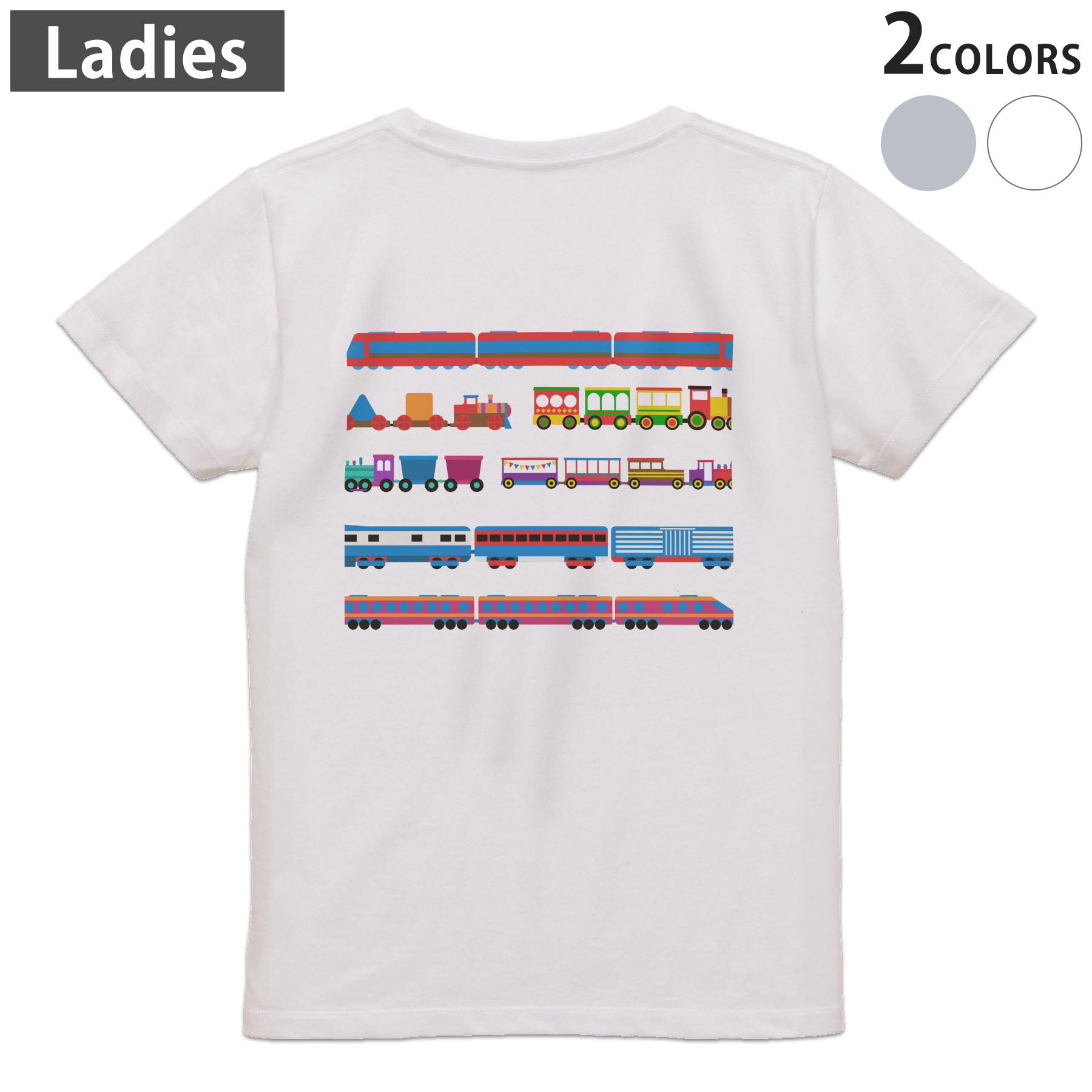 Tシャツ レディース バックプリント 半袖 ホワイト グレー デザイン M Lティーシャツ T shirt 013251 乗り物　電車