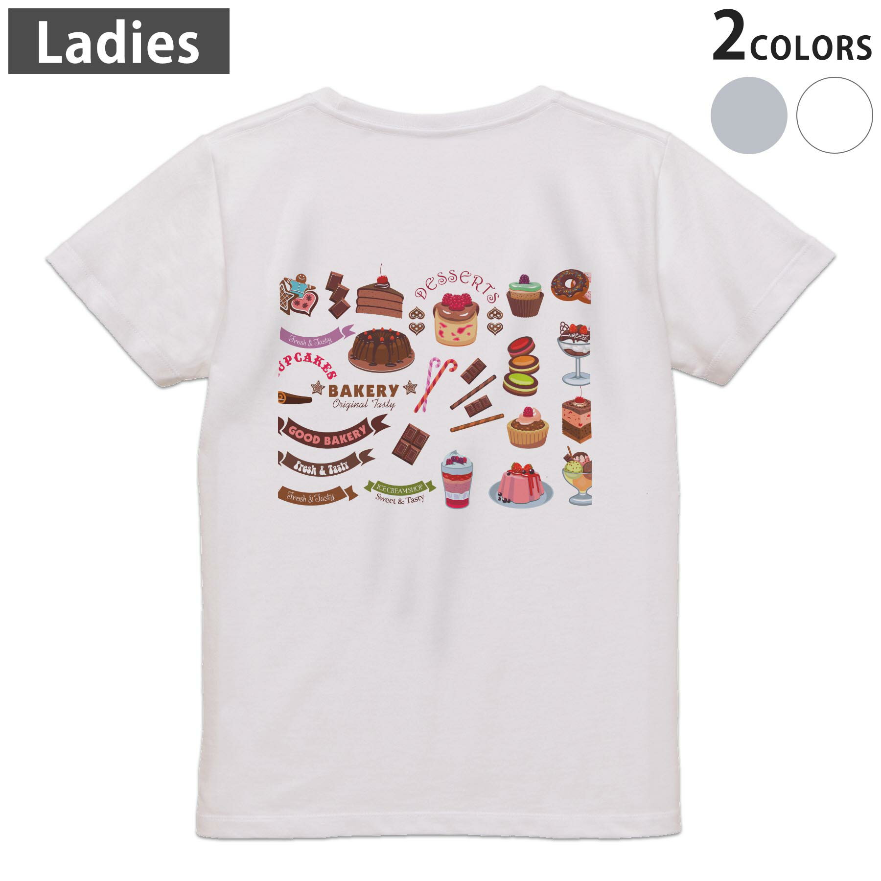 Other - Tシャツ レディース バックプリント 半袖 ホワイト グレー デザイン M Lティーシャツ T shirt 013338 ケーキ　食べ物　デザート