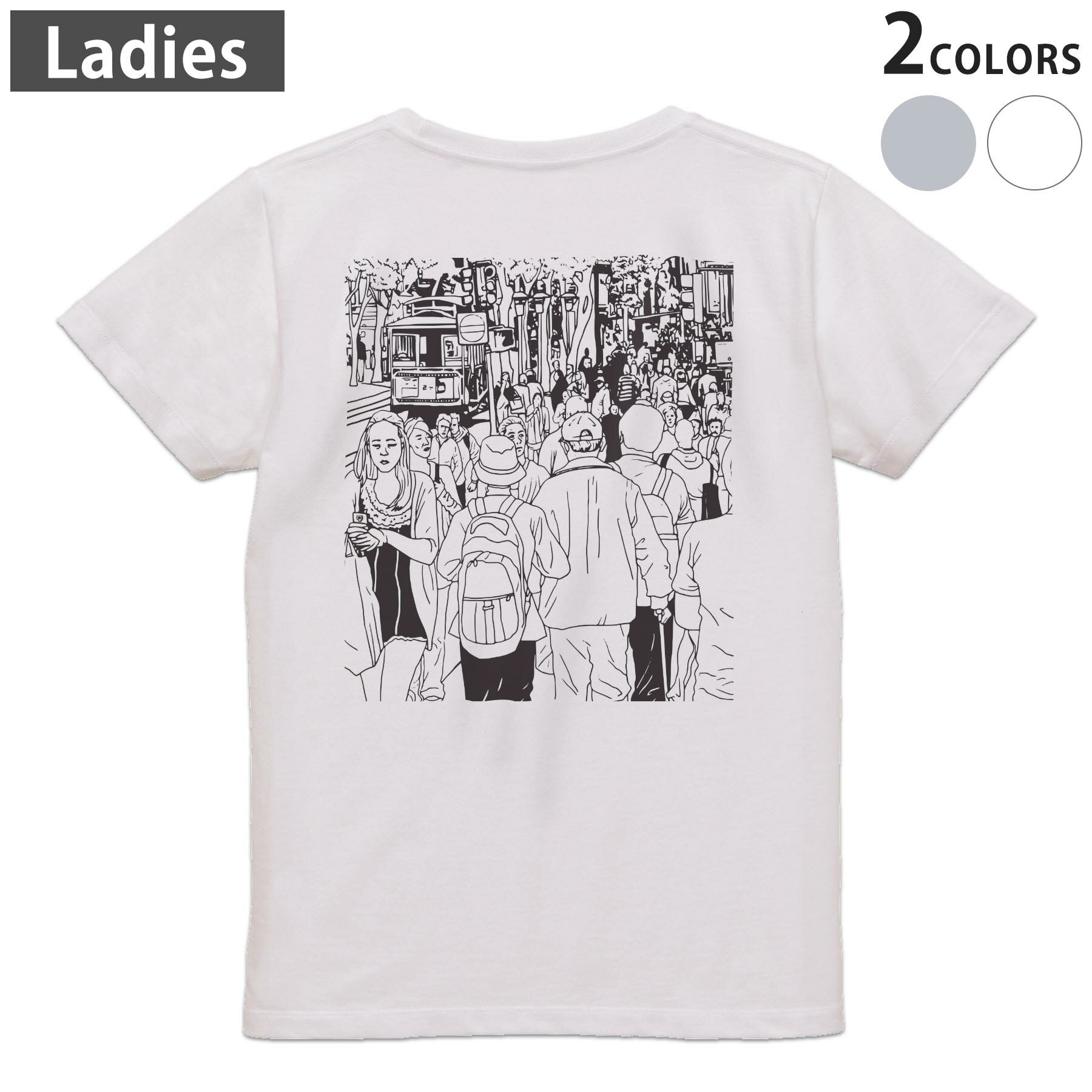 Tシャツ レディース バックプリント 半袖 ホワイト グレー デザイン M Lティーシャツ T shirt 013403 モノトーン　町　人物