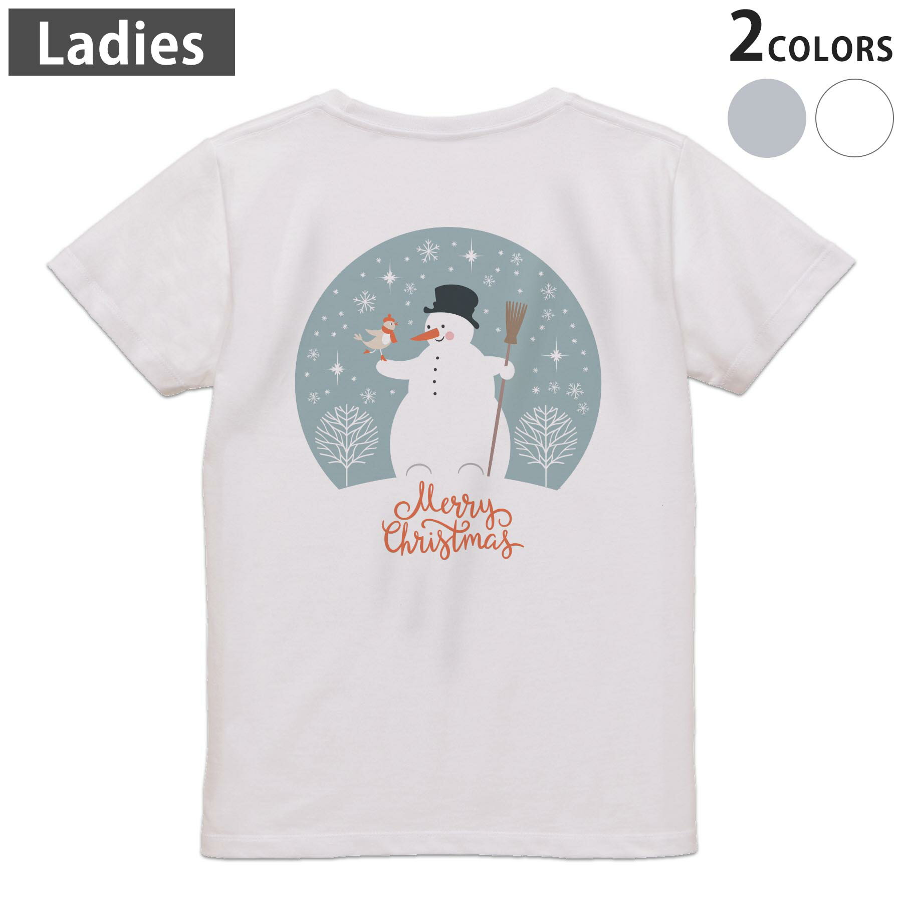 Print - Tシャツ レディース バックプリント 半袖 ホワイト グレー デザイン M Lティーシャツ T shirt 013416 雪　雪だるま　英語