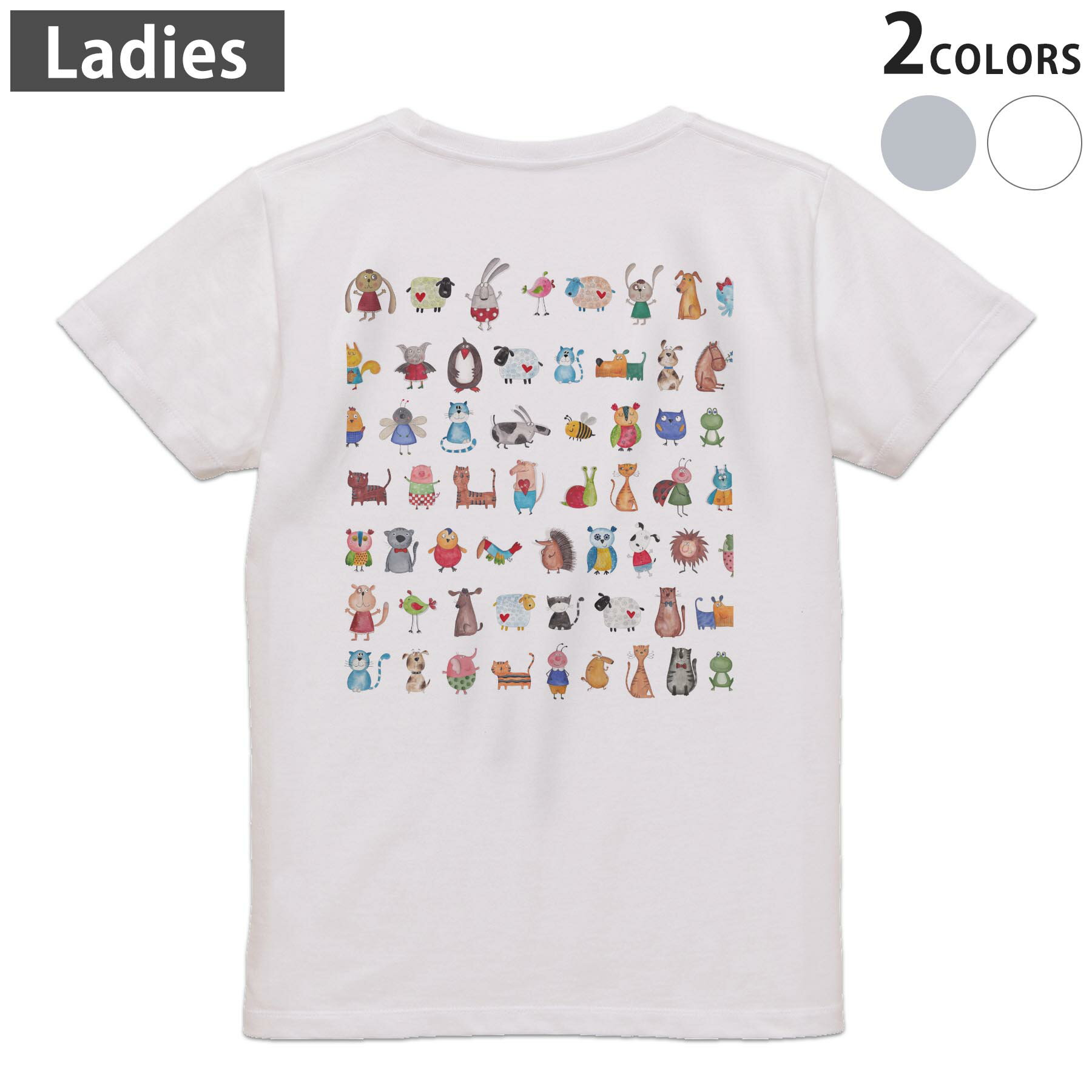 Tシャツ レディース バックプリント 半袖 ホワイト グレー デザイン M Lティーシャツ T shirt 013501 動物 かわいい イラスト