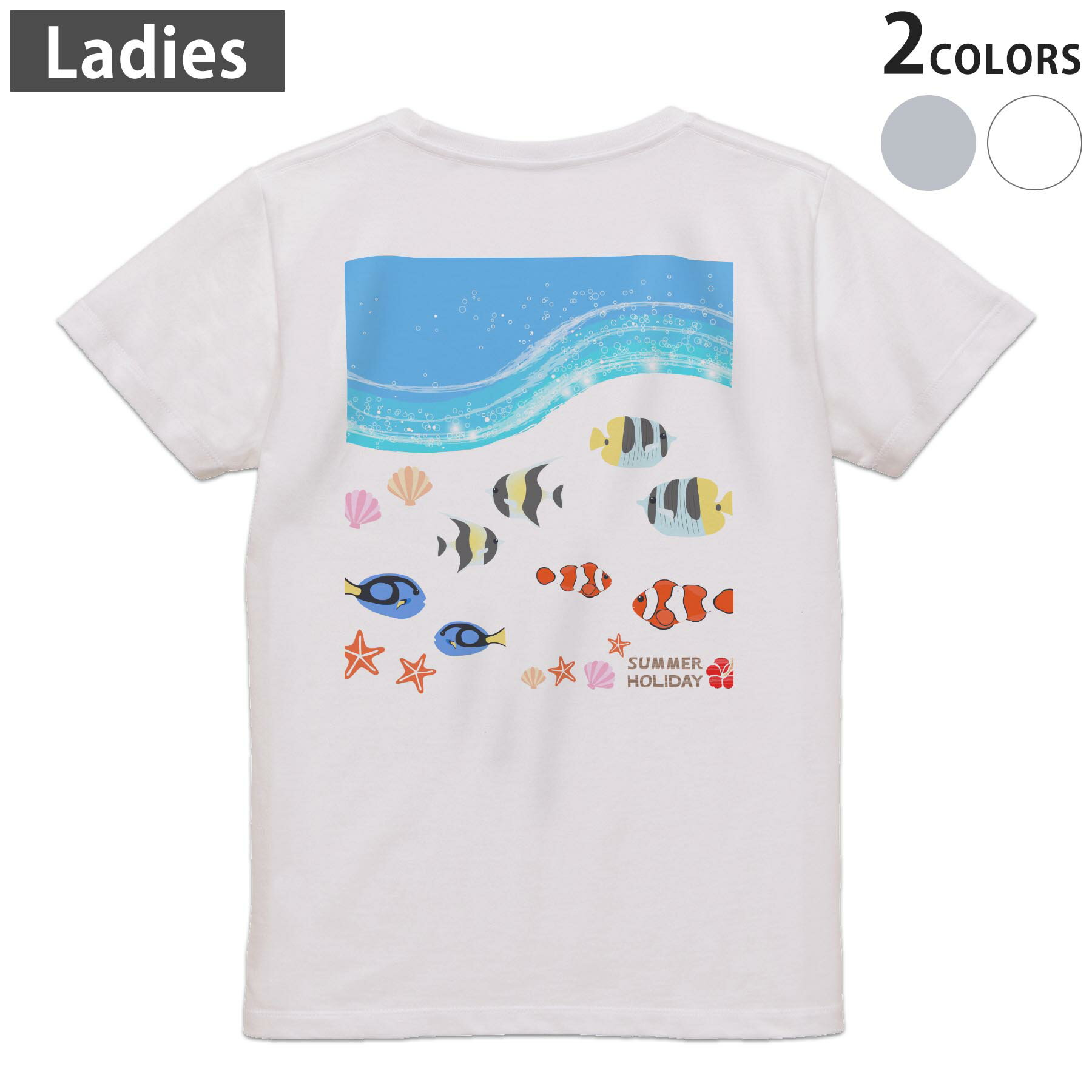 T-Shirts - Tシャツ レディース バックプリント 半袖 ホワイト グレー デザイン M Lティーシャツ T shirt 013753 海　夏　魚