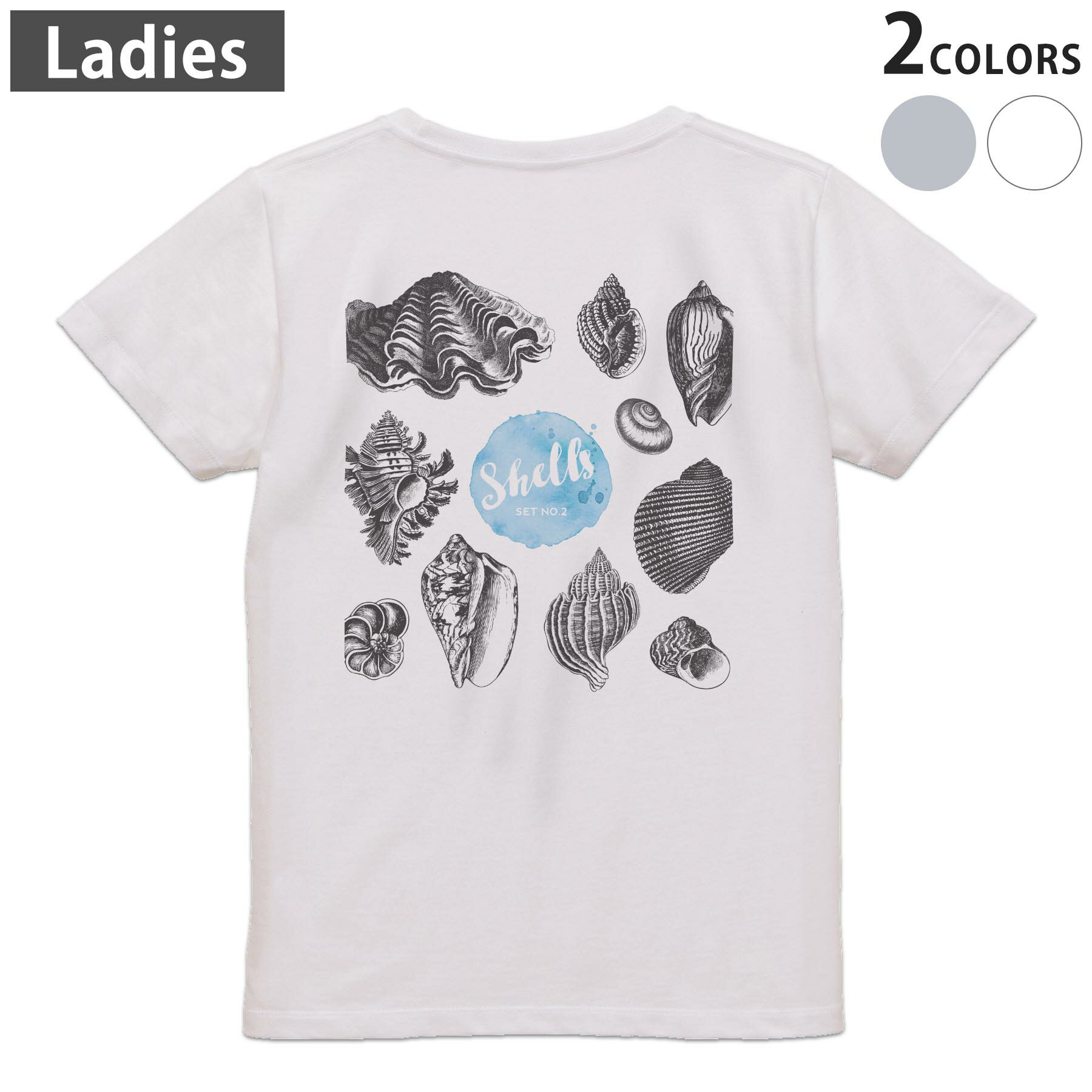 Tシャツ レディース バックプリント 半袖 ホワイト グレー デザイン M Lティーシャツ T shirt 013757 夏　海　貝殻