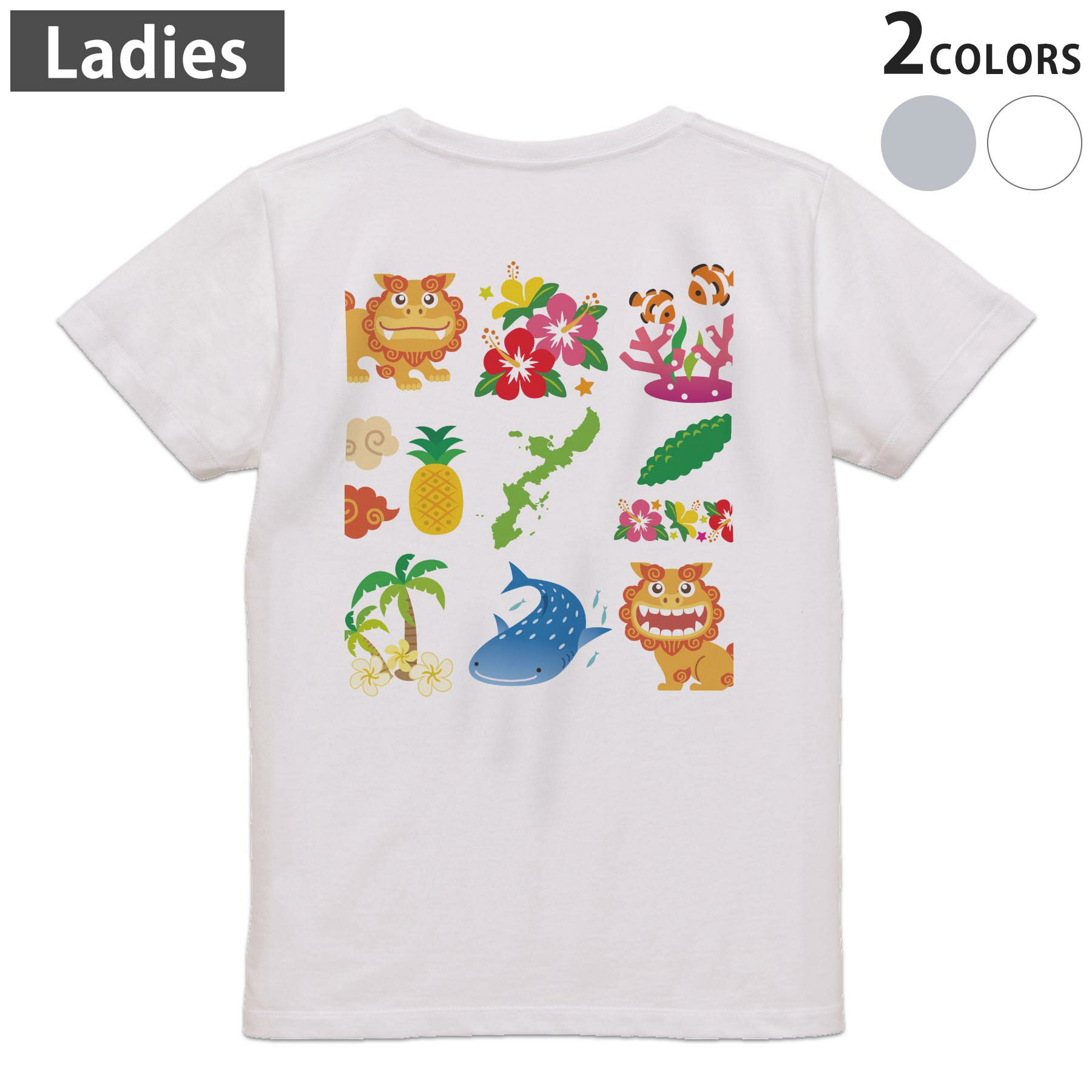 Tシャツ レディース バックプリント 半袖 ホワイト グレー デザイン M Lティーシャツ T shirt 013766 シーサー 沖縄 ハイビスカス