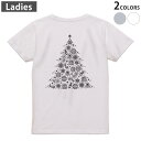 Tシャツ レディース バックプリント 半袖 ホワイト グレー デザイン M Lティーシャツ T shirt 013770 クリスマス ツリー モノクロ