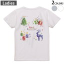 Tシャツ レディース バックプリント 半袖 ホワイト グレー デザイン M Lティーシャツ T shirt 013825 クリスマス ツリー トナカイ