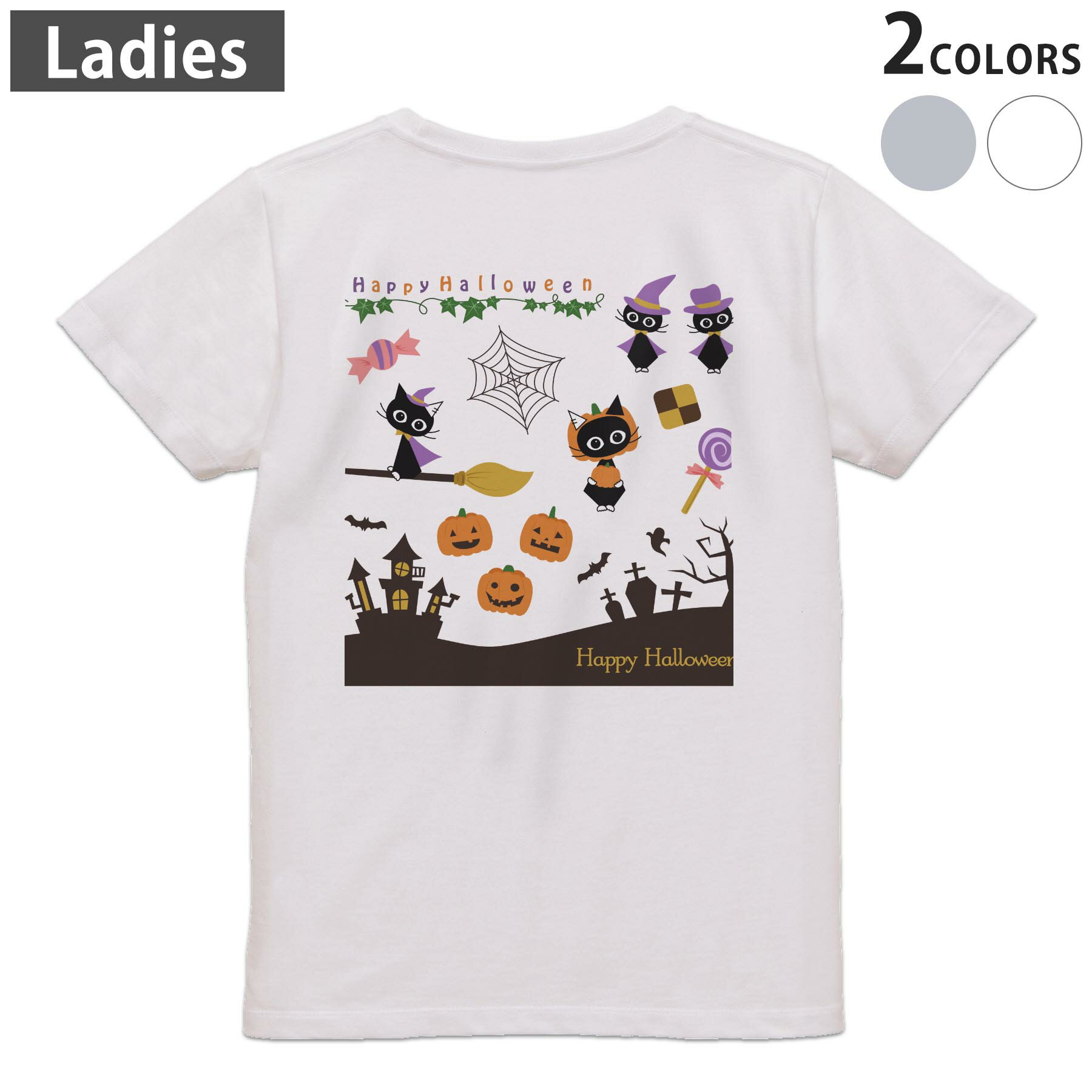 乐天商城 - Tシャツ レディース バックプリント 半袖 ホワイト グレー デザイン M Lティーシャツ T shirt 013842 ハロウィン　かぼちゃ　コウモリ