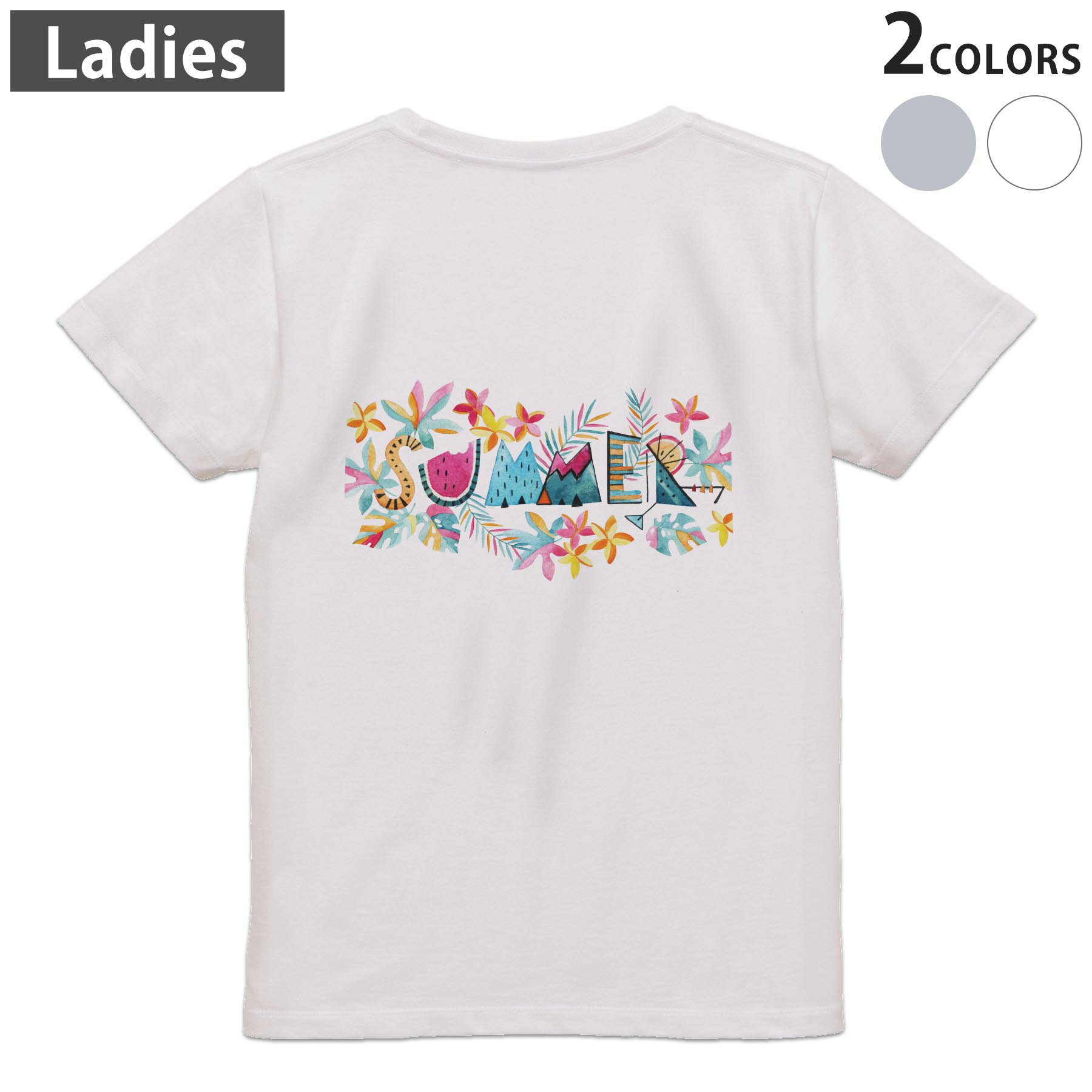 Tシャツ レディース バックプリント 半袖 ホワイト グレー デザイン M Lティーシャツ T shirt 014053 スイカ トロピカル