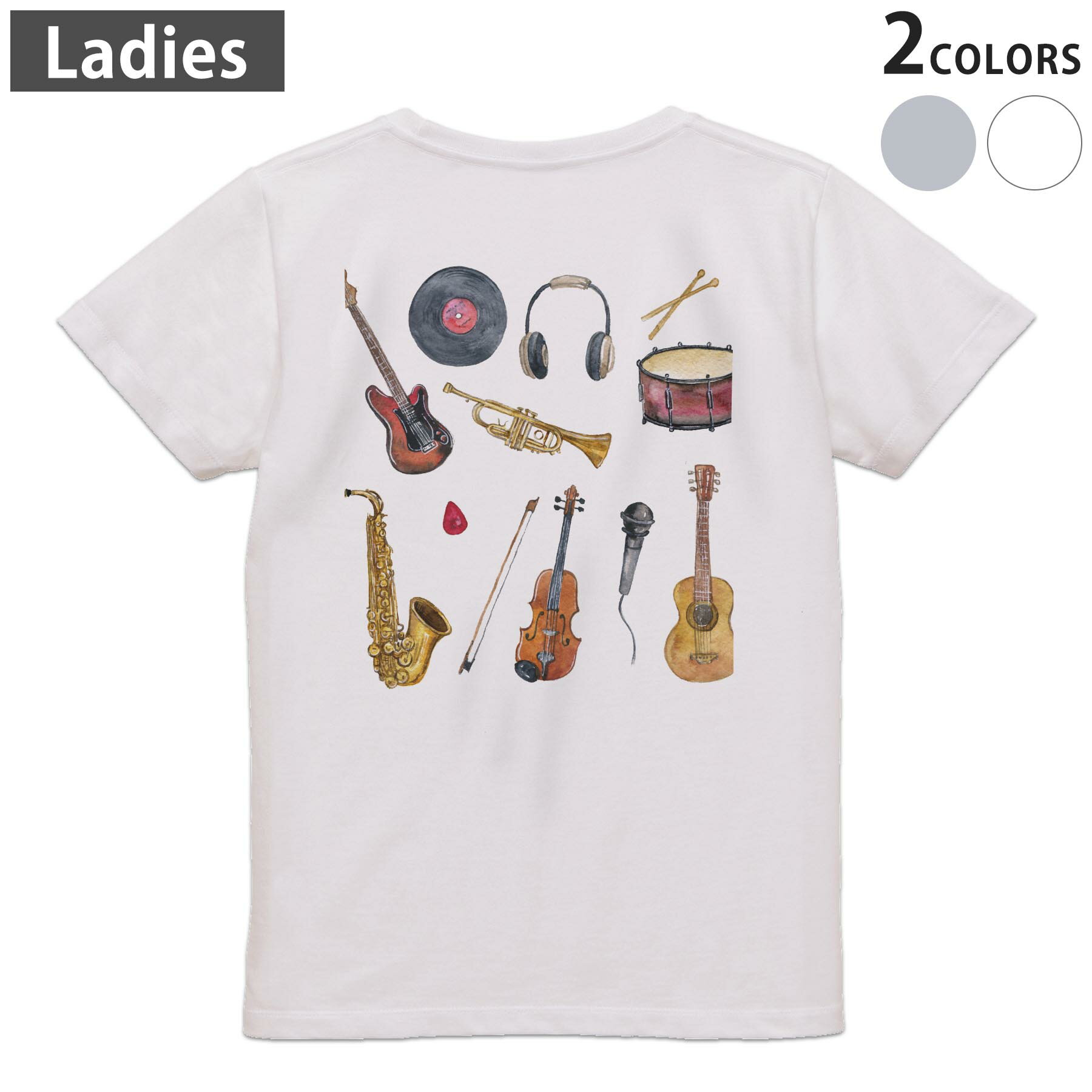 Tシャツ レディース バックプリント 半袖 ホワイト グレー デザイン M Lティーシャツ T shirt 014170 音楽　楽器　ミュージック