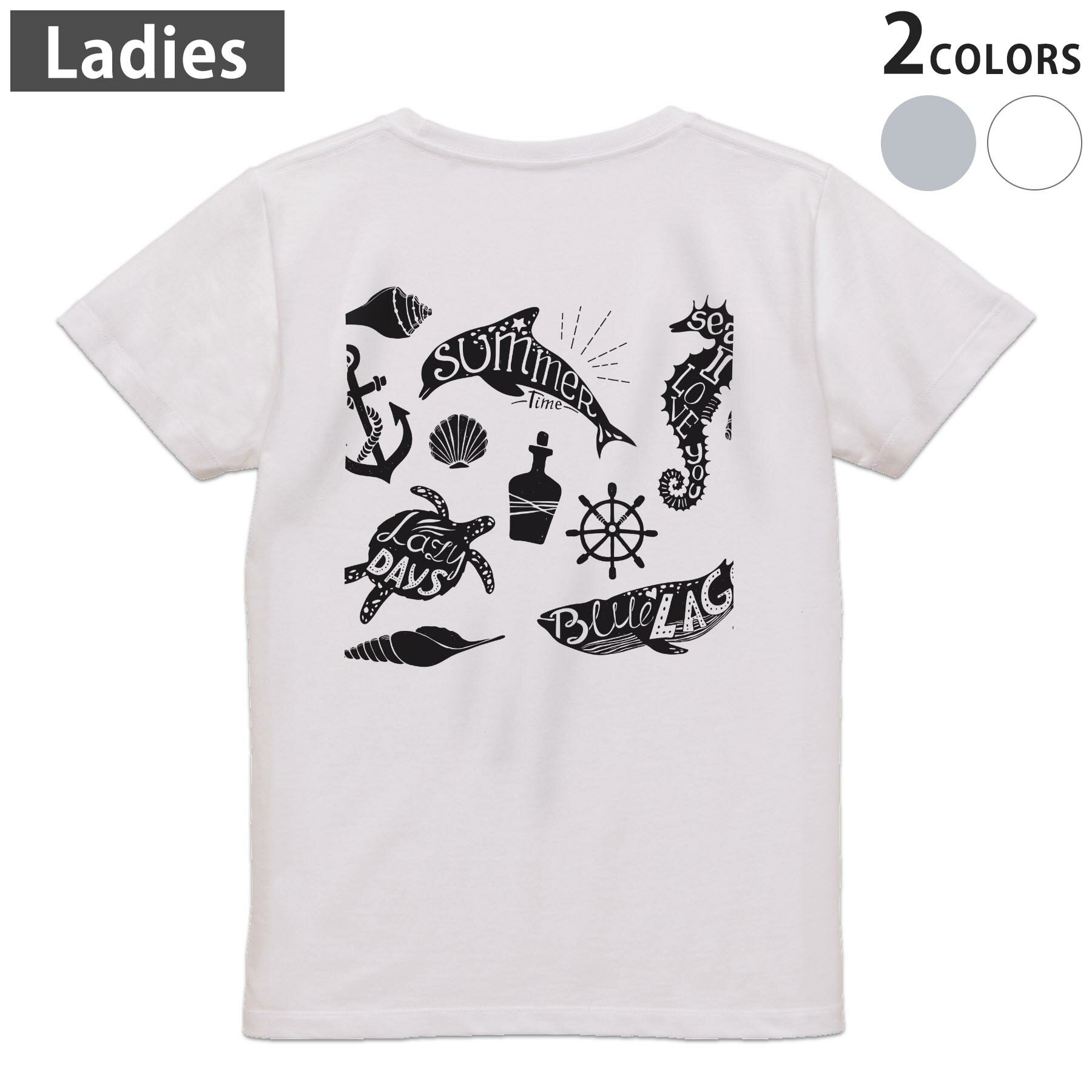 Tシャツ レディース バックプリント 半袖 ホワイト グレー デザイン M Lティーシャツ T shirt 014257 海　生き物　貝殻
