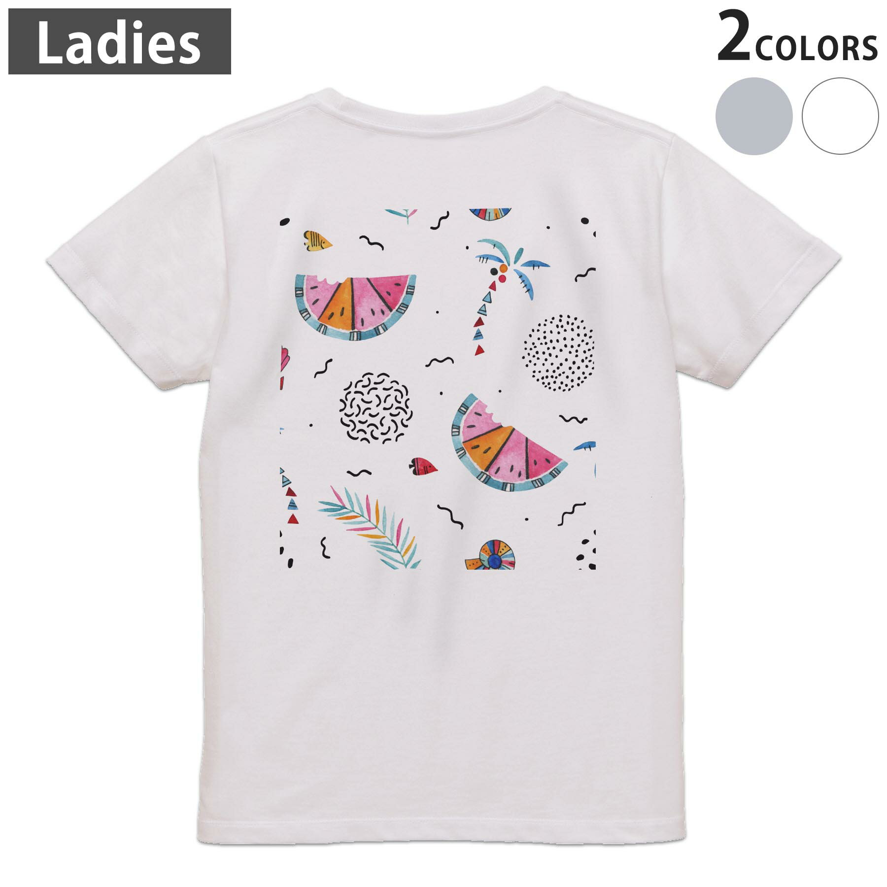 Tシャツ レディース バックプリント 半袖 ホワイト グレー デザイン M Lティーシャツ T shirt 014344 ヤシの木　スイカ　トロピカル