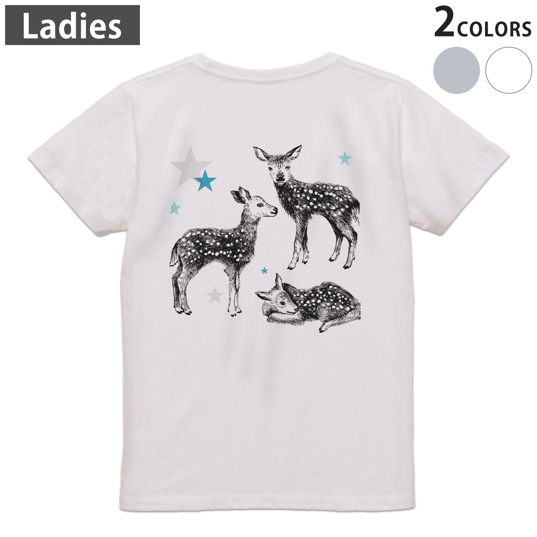 Garments - Tシャツ レディース バックプリント 半袖 ホワイト グレー デザイン M Lティーシャツ T shirt 014453 バンビ　星　動物