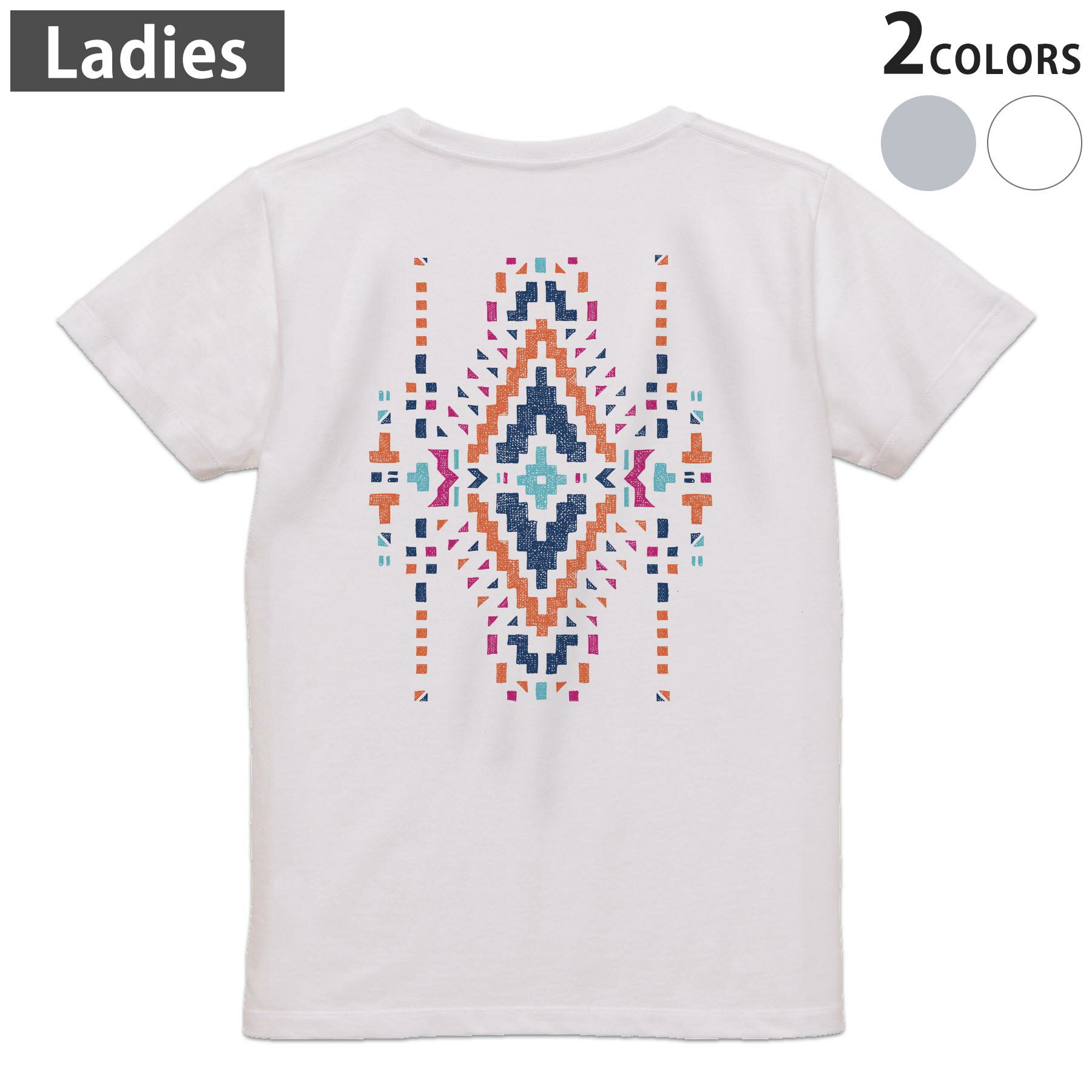 Print - Tシャツ レディース バックプリント 半袖 ホワイト グレー デザイン M Lティーシャツ T shirt 014482 ネイティブ柄　模様