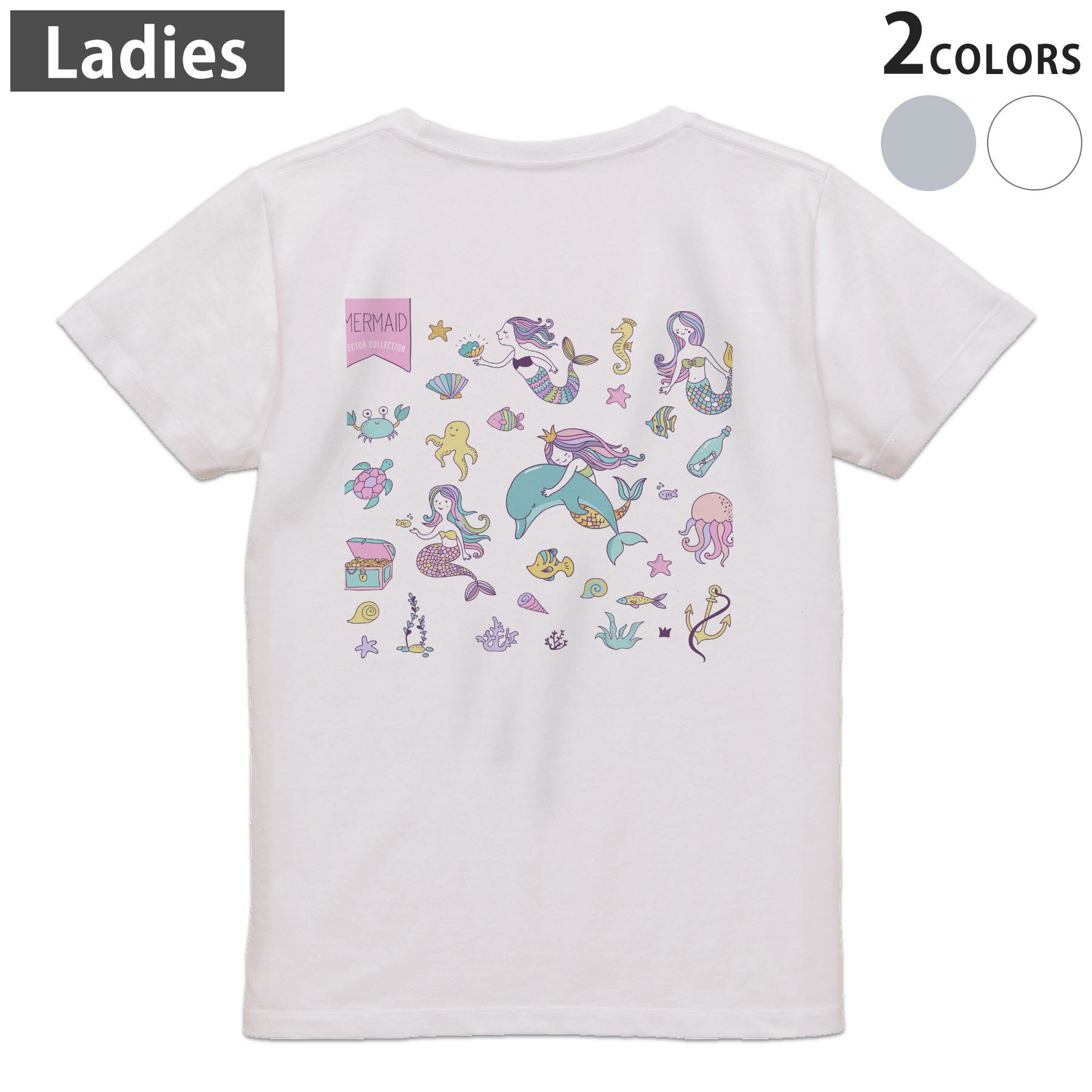Tシャツ レディース バックプリント 半袖 ホワイト グレー デザイン M Lティーシャツ T shirt 014512 マーメイド 人魚 イルカ