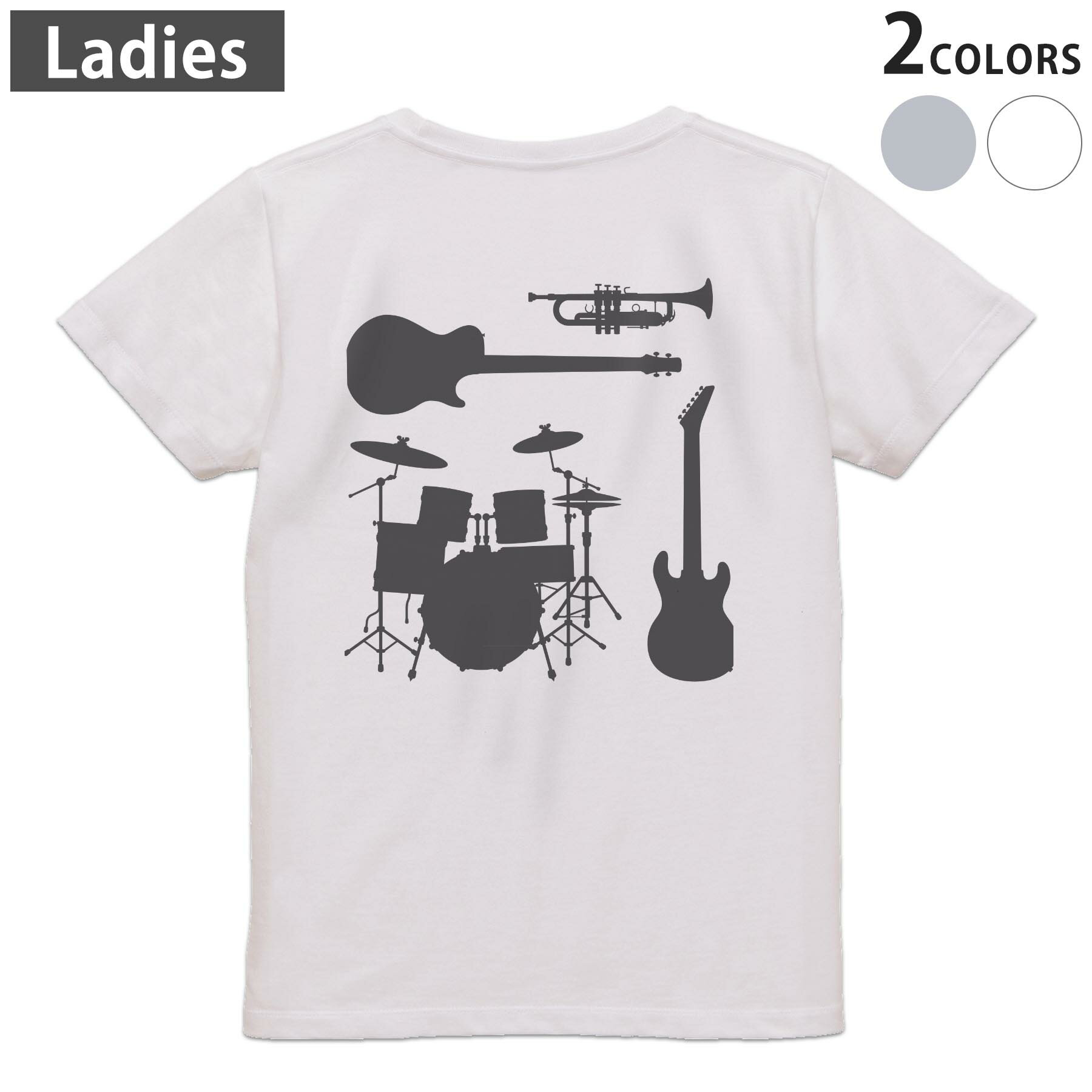 Print - Tシャツ レディース バックプリント 半袖 ホワイト グレー デザイン M Lティーシャツ T shirt 014570 楽器　音楽　バンド
