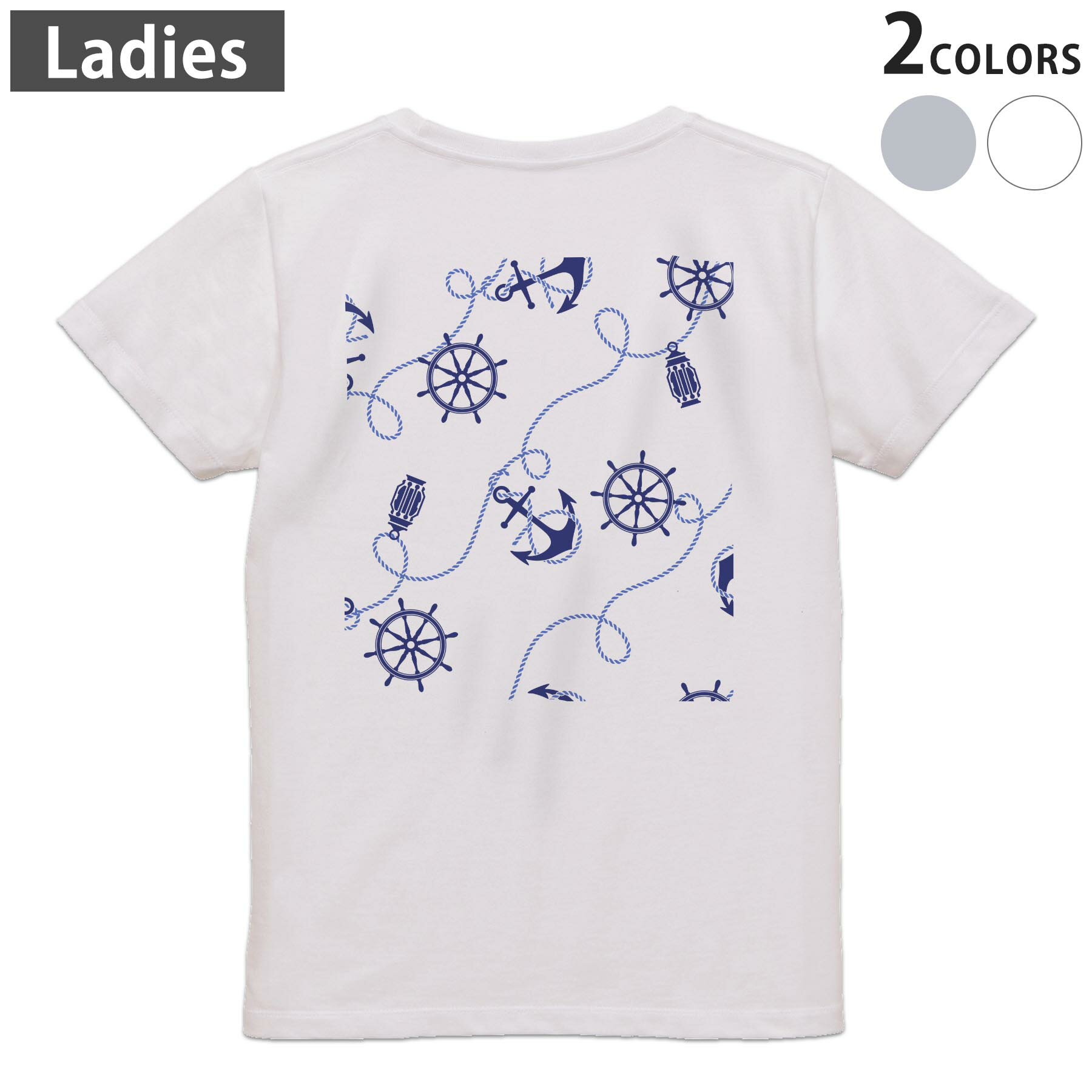 Tシャツ レディース バックプリント 半袖 ホワイト グレー デザイン M Lティーシャツ T shirt 014638 海　碇　船