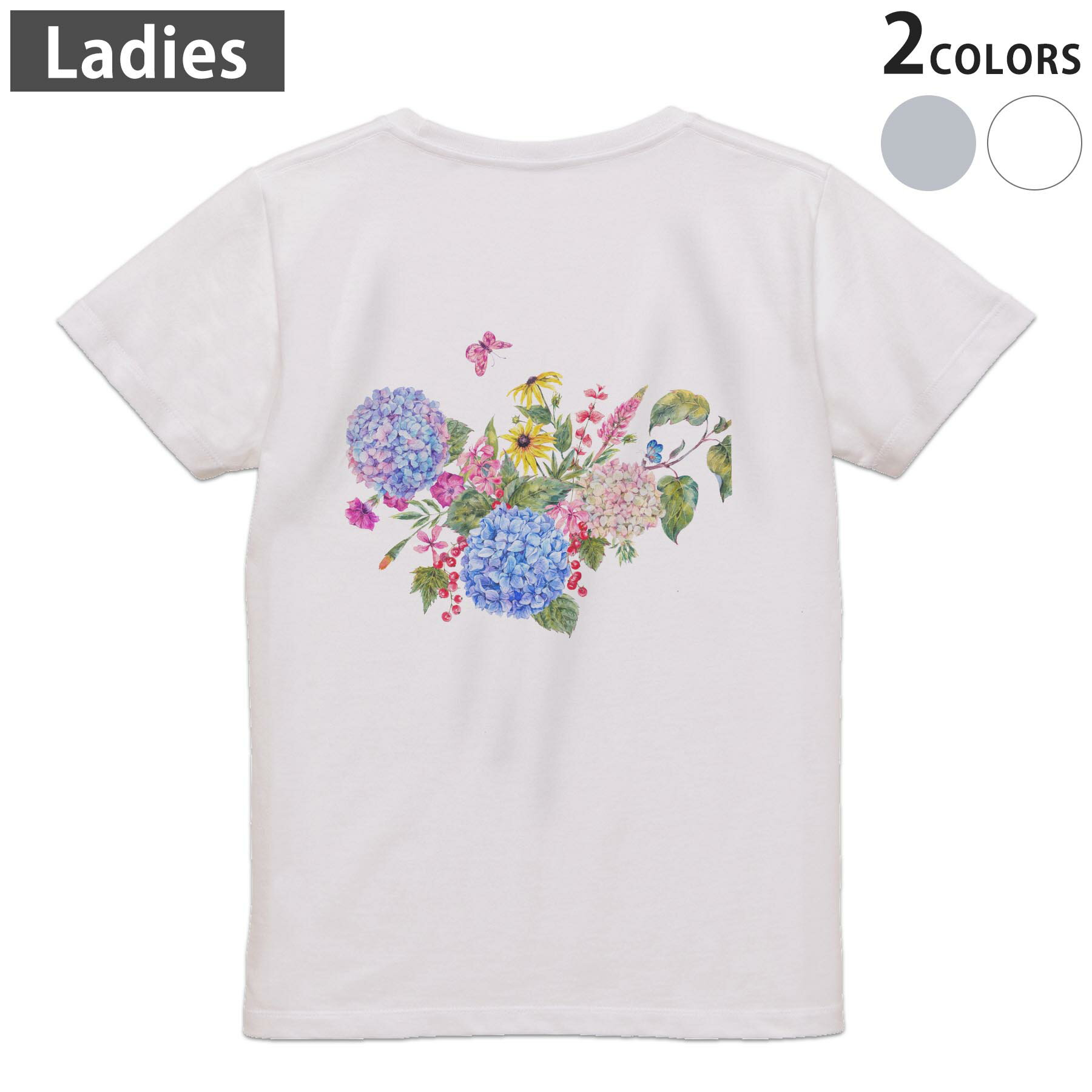 Print - Tシャツ レディース バックプリント 半袖 ホワイト グレー デザイン M Lティーシャツ T shirt 014671 花　　アジサイ