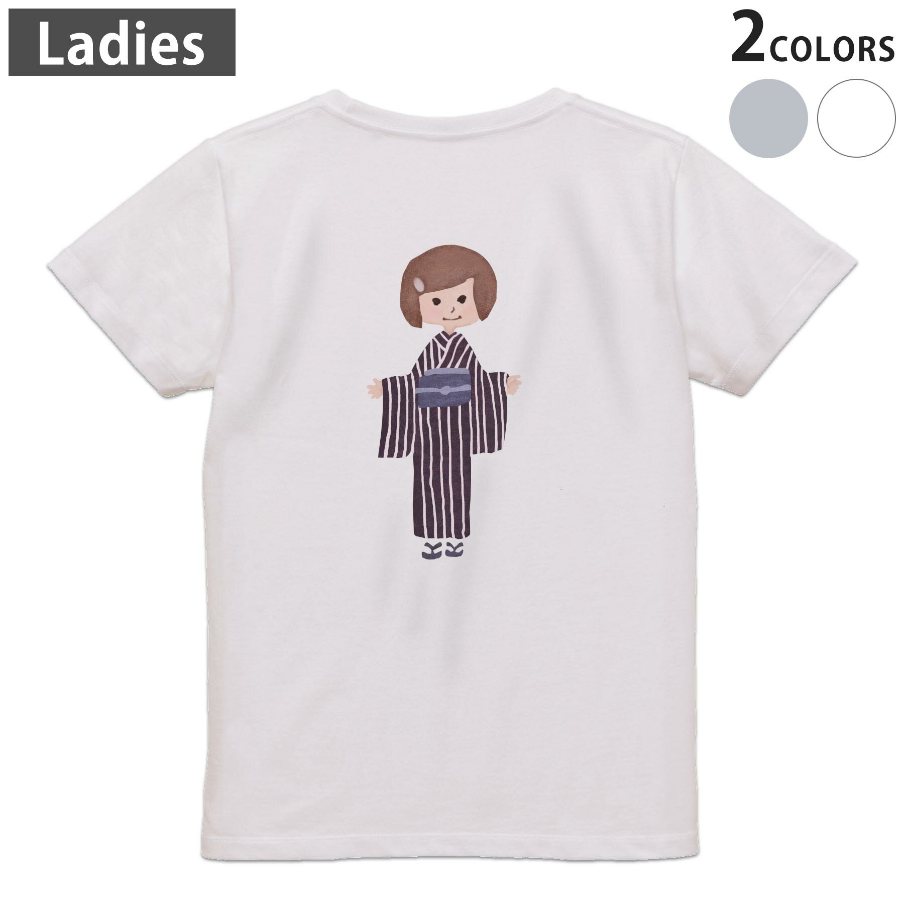Tシャツ レディース バックプリント 半袖 ホワイト グレー デザイン M Lティーシャツ T shirt 014681 人物 着物
