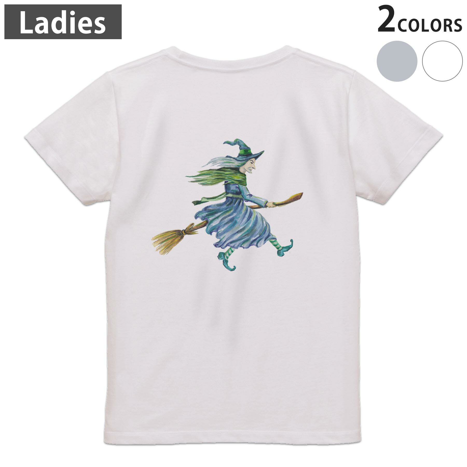 Print - Tシャツ レディース バックプリント 半袖 ホワイト グレー デザイン M Lティーシャツ T shirt 014716 ハロウィン　魔女