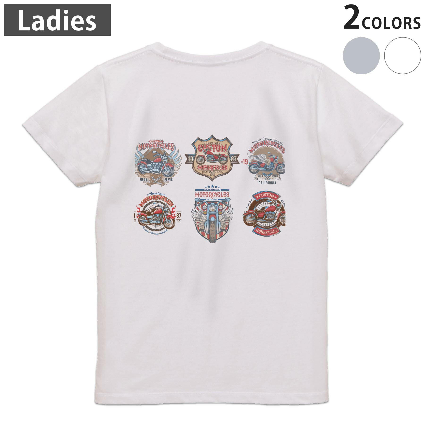 Tシャツ レディース バックプリント 半袖 ホワイト グレー デザイン M Lティーシャツ T shirt 014879 バイク イラスト クール