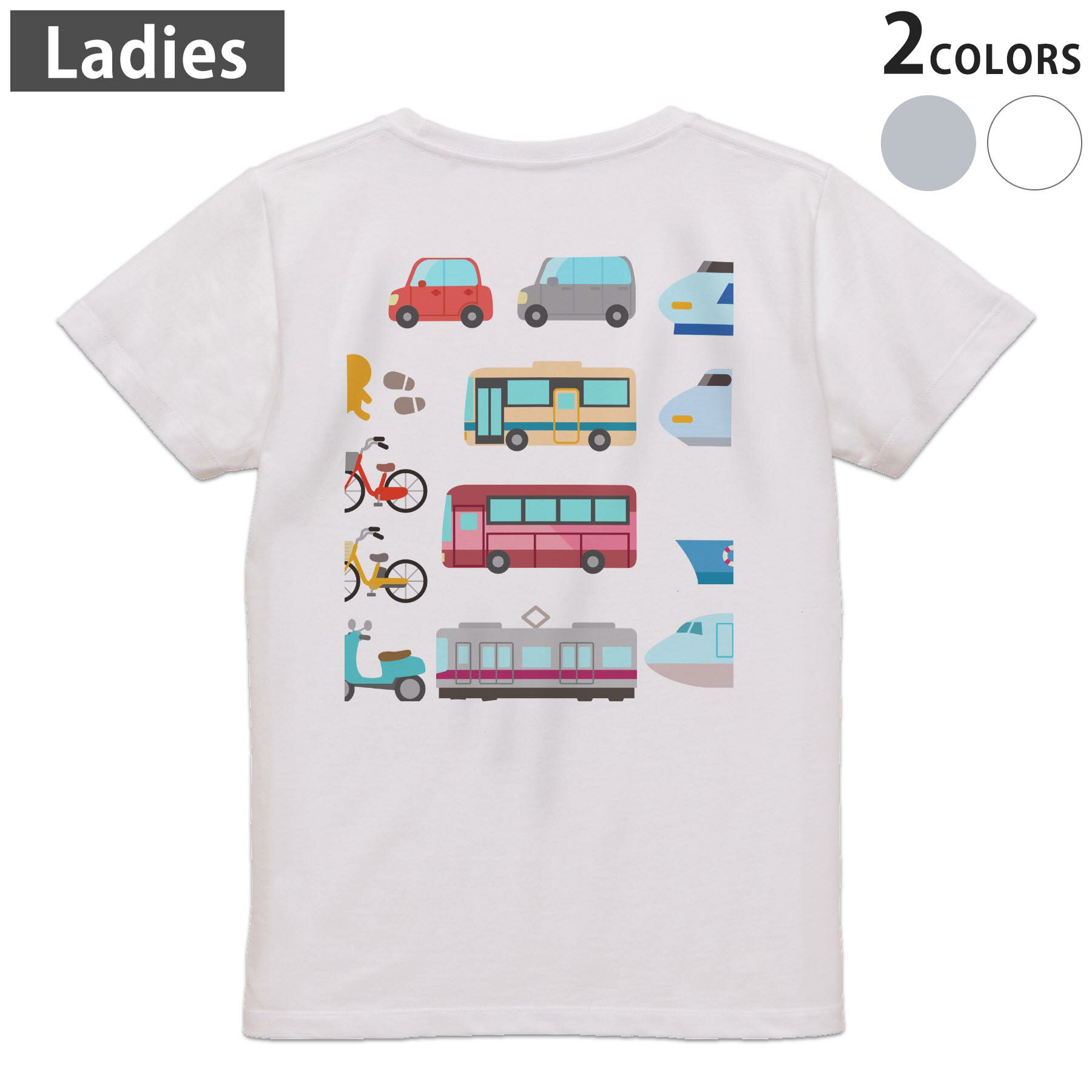 Tシャツ レディース バックプリント 半袖 ホワイト グレー デザイン M Lティーシャツ T shirt 014913 乗り物　車　新幹線