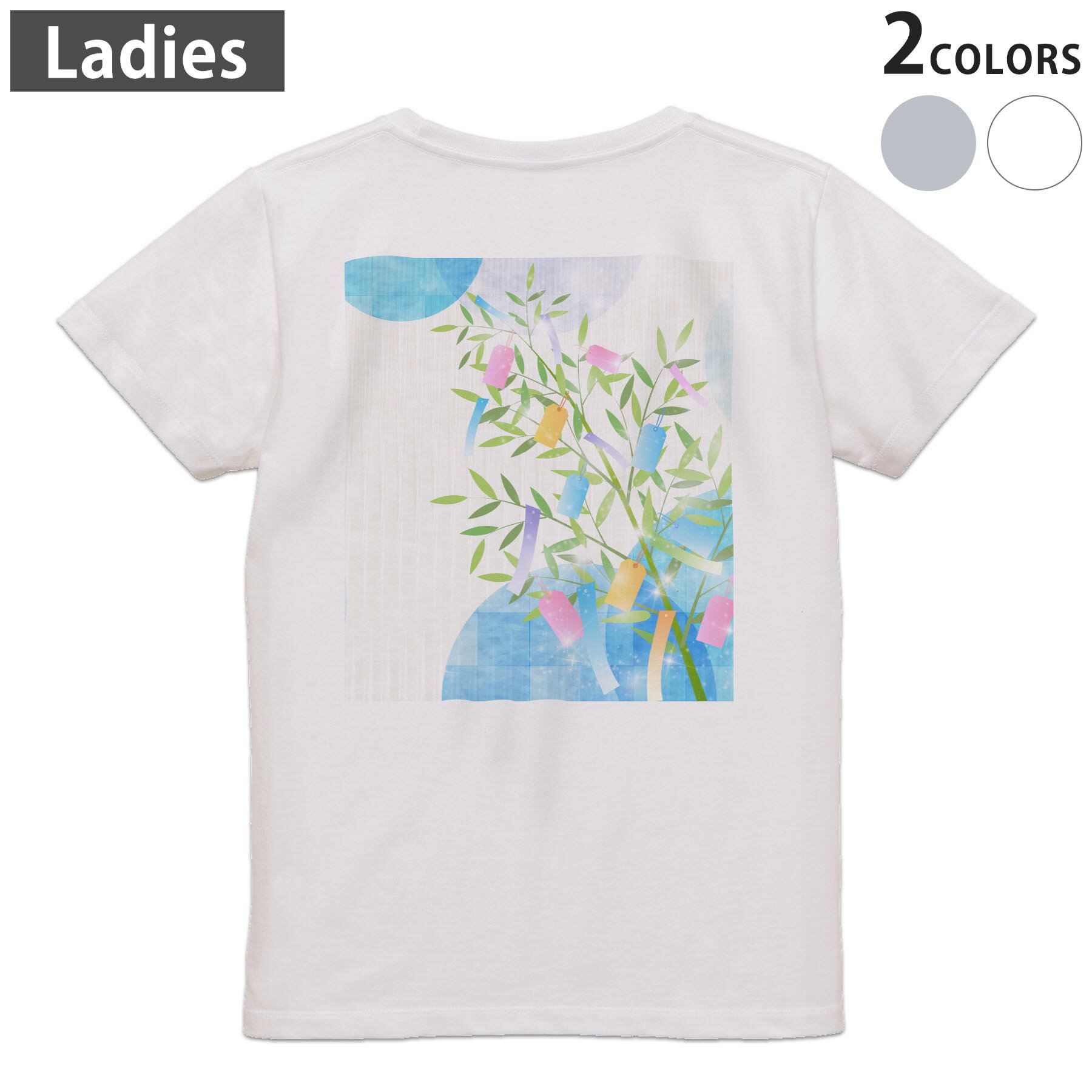 Tシャツ レディース バックプリント 半袖 ホワイト グレー デザイン M Lティーシャツ T shirt 015455 笹 七夕 水玉