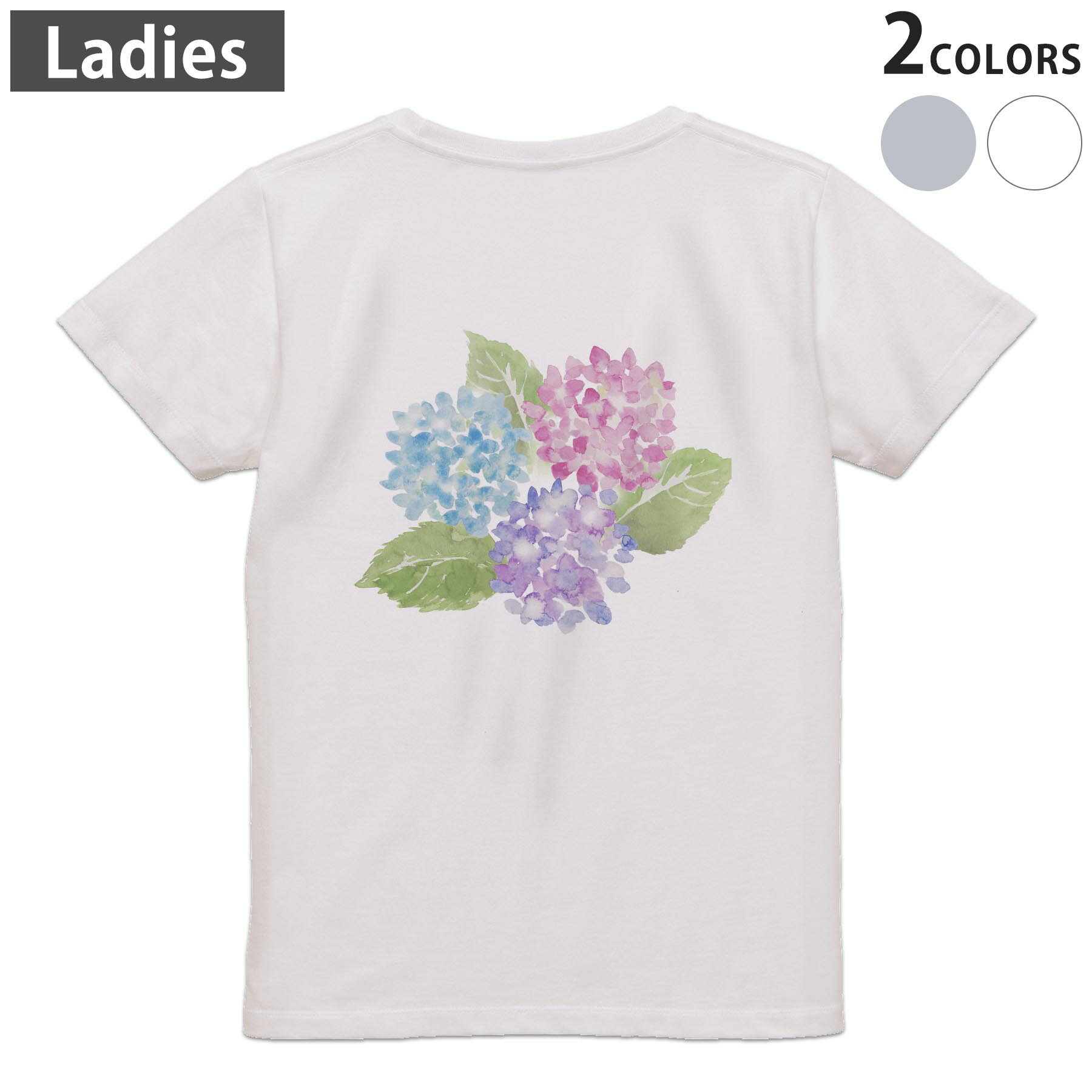 Other - Tシャツ レディース バックプリント 半袖 ホワイト グレー デザイン M Lティーシャツ T shirt 015574 あじさい　花　植物