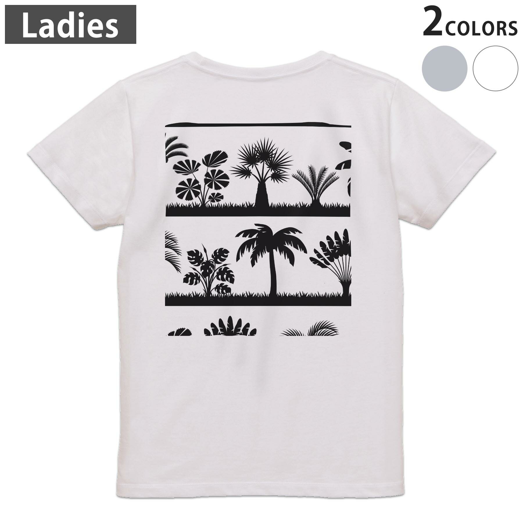 其它 - Tシャツ レディース バックプリント 半袖 ホワイト グレー デザイン M Lティーシャツ T shirt 015653 木　ヤシの木　自然