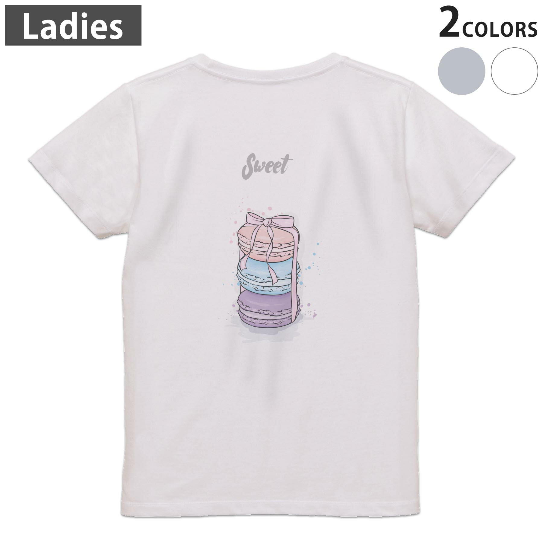 Tシャツ レディース バックプリント 半袖 ホワイト グレー デザイン M Lティーシャツ T shirt 015672 マカロン お菓子 食べ物 リボン パステル