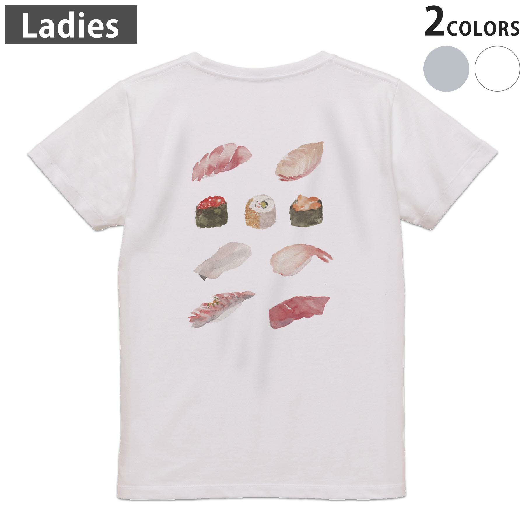 乐天商城 - Tシャツ レディース バックプリント 半袖 ホワイト グレー デザイン M Lティーシャツ T shirt 015846 寿司　手描き　和食