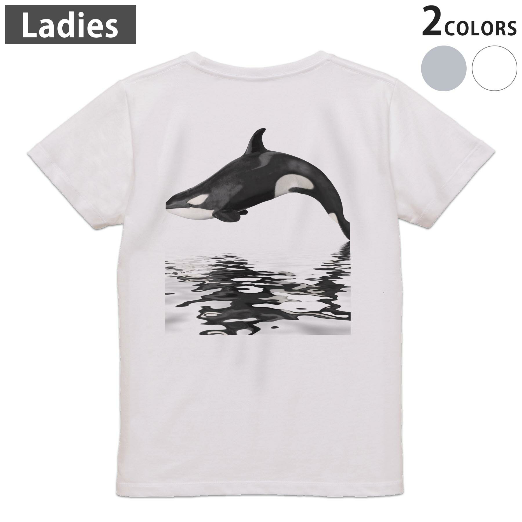 Print - Tシャツ レディース バックプリント 半袖 ホワイト グレー デザイン M Lティーシャツ T shirt 015849 海　シャチ　黒