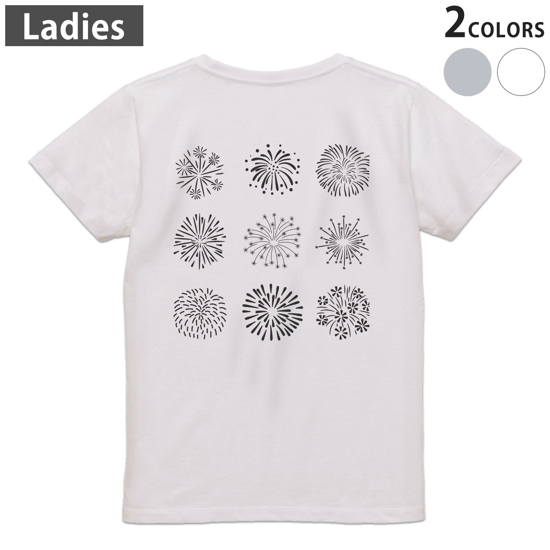 Tシャツ レディース バックプリント 半袖 ホワイト グレー デザイン M Lティーシャツ T shirt 015941 花火 夏 空