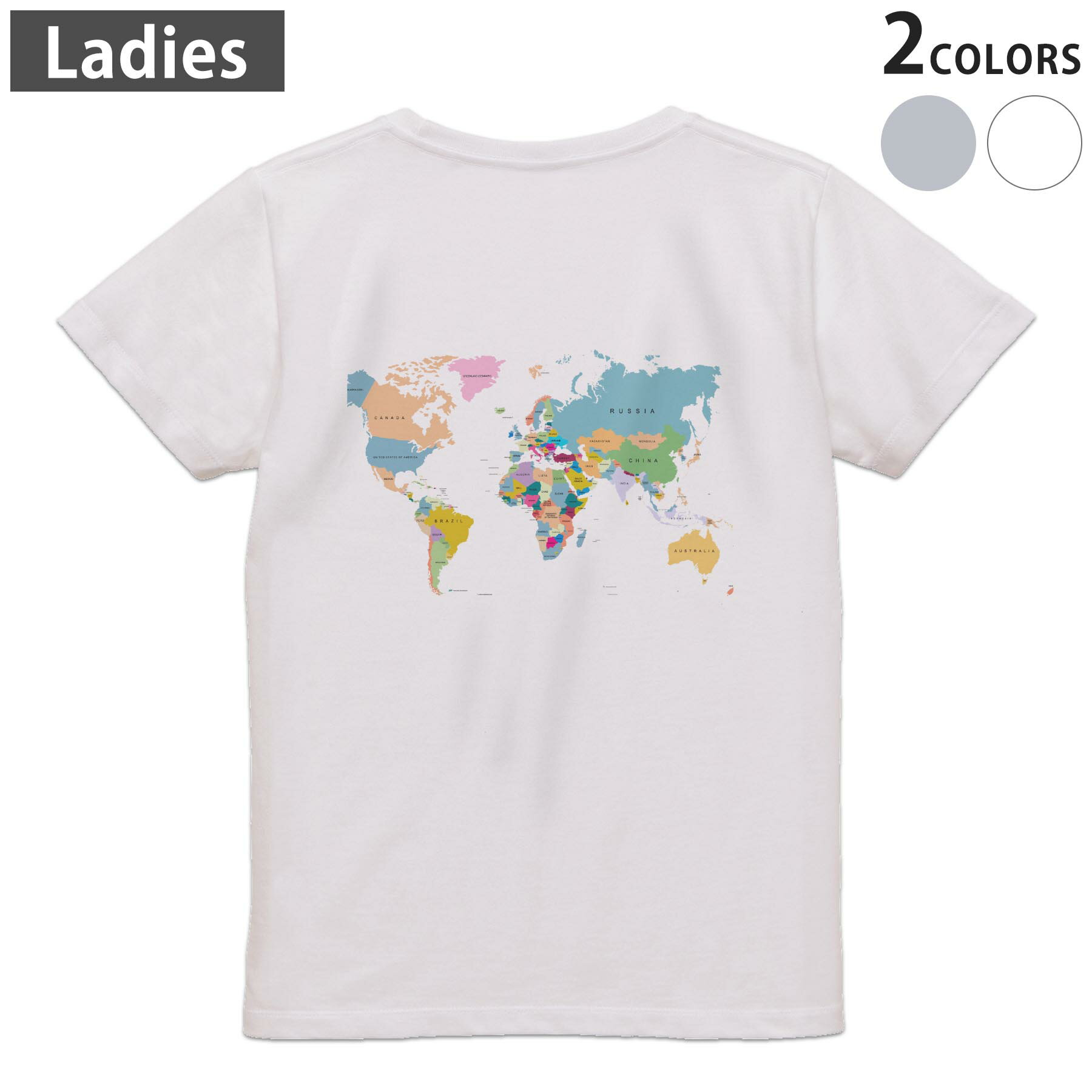 Garments - Tシャツ レディース バックプリント 半袖 ホワイト グレー デザイン M Lティーシャツ T shirt 015948 世界地図　wordmap