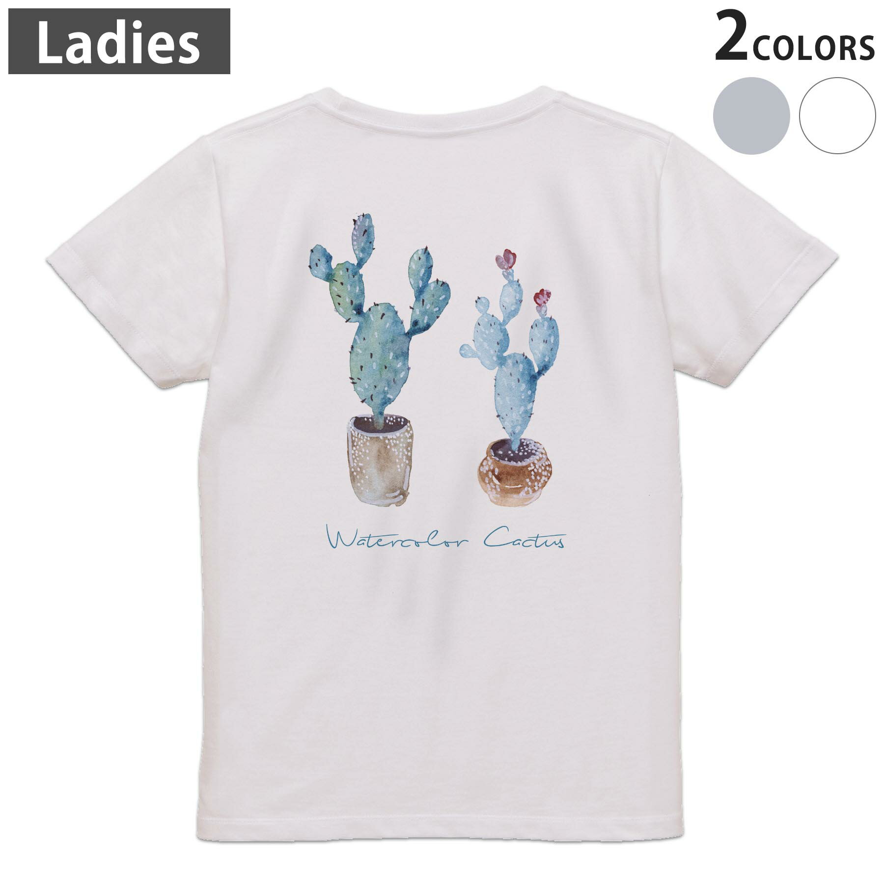 Tシャツ レディース バックプリント 半袖 ホワイト グレー デザイン M Lティーシャツ T shirt 015970 サボテン　多肉植物