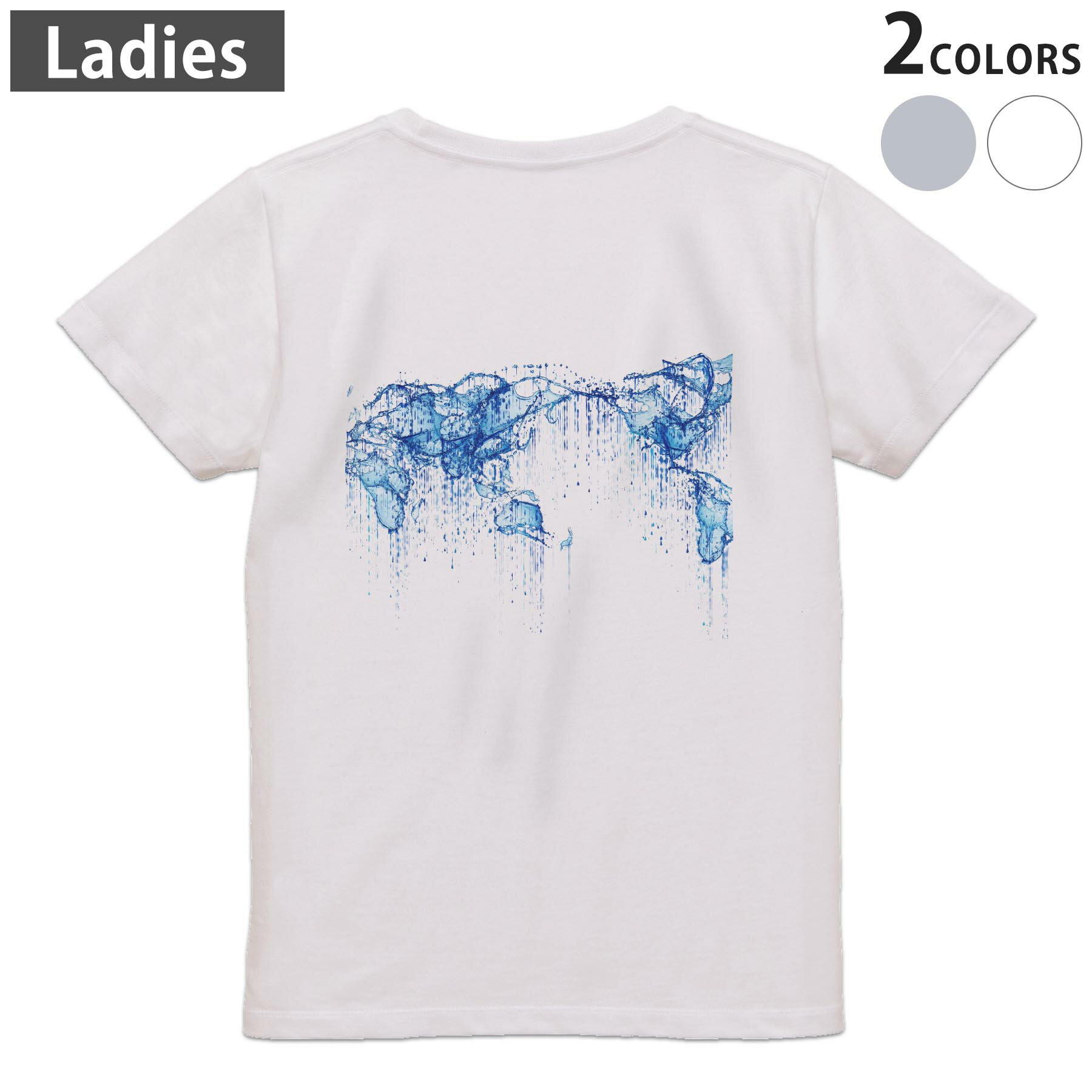 Original - Tシャツ レディース バックプリント 半袖 ホワイト グレー デザイン M Lティーシャツ T shirt 015979 世界地図　水滴