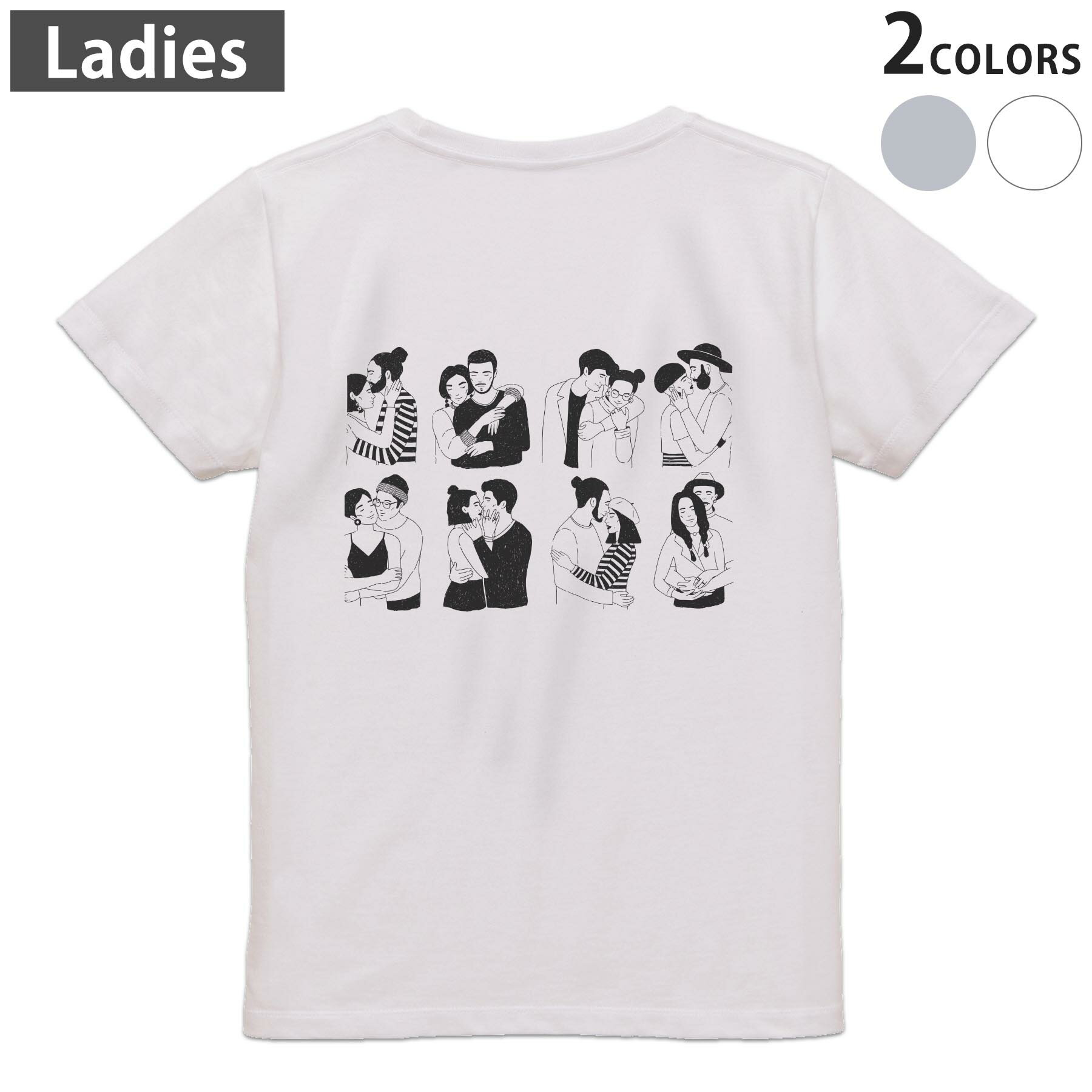 Print - Tシャツ レディース バックプリント 半袖 ホワイト グレー デザイン M Lティーシャツ T shirt 016122 人間　イラスト