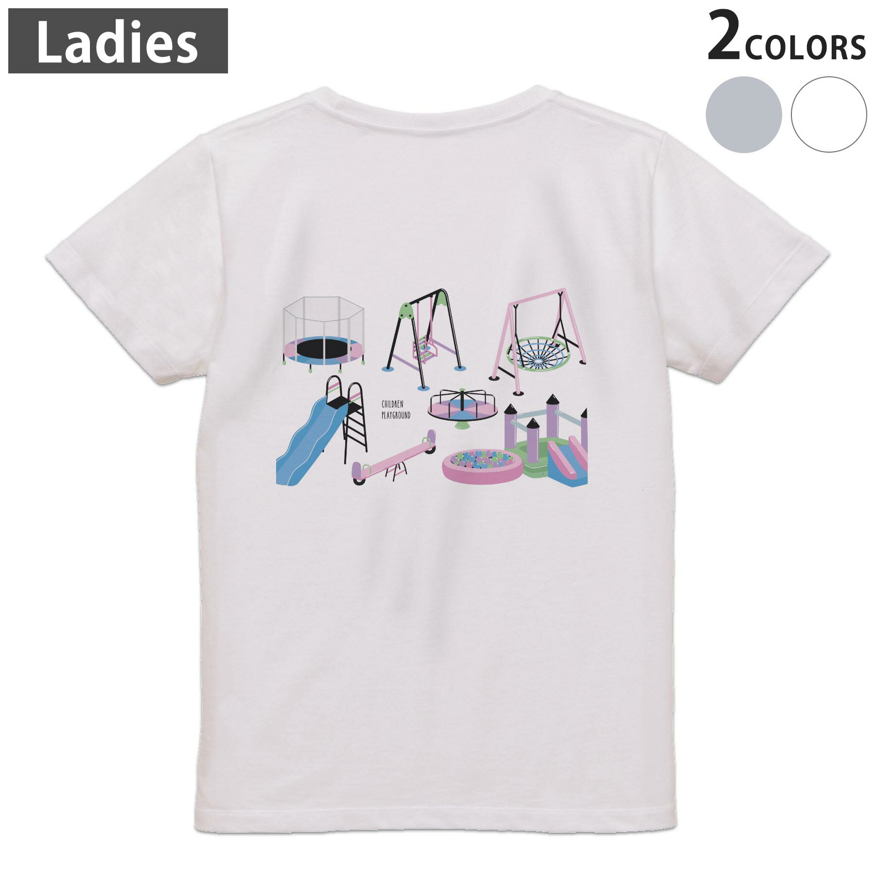 短袖 - Tシャツ レディース バックプリント 半袖 ホワイト グレー デザイン M Lティーシャツ T shirt 016141 公園　遊具