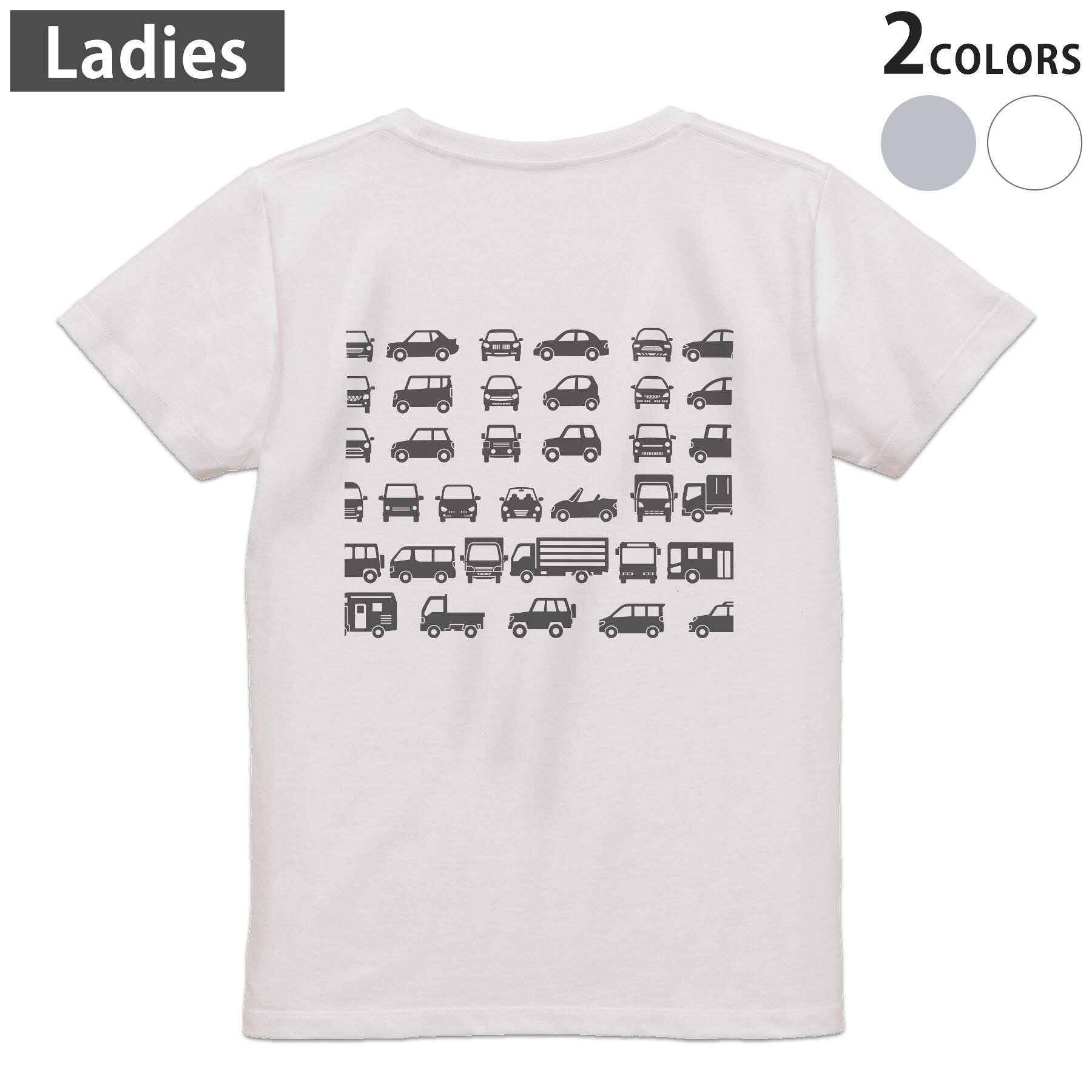 Tシャツ レディース バックプリント 半袖 ホワイト グレー デザイン M Lティーシャツ T shirt 016181 車　トラック　乗り物　バス