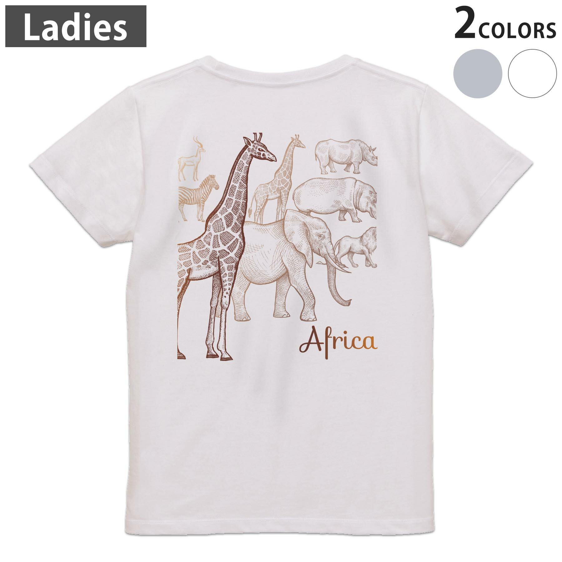 Tシャツ レディース バックプリント 半袖 ホワイト グレー デザイン M Lティーシャツ T shirt 016188 動物　キリン　象(4.0)