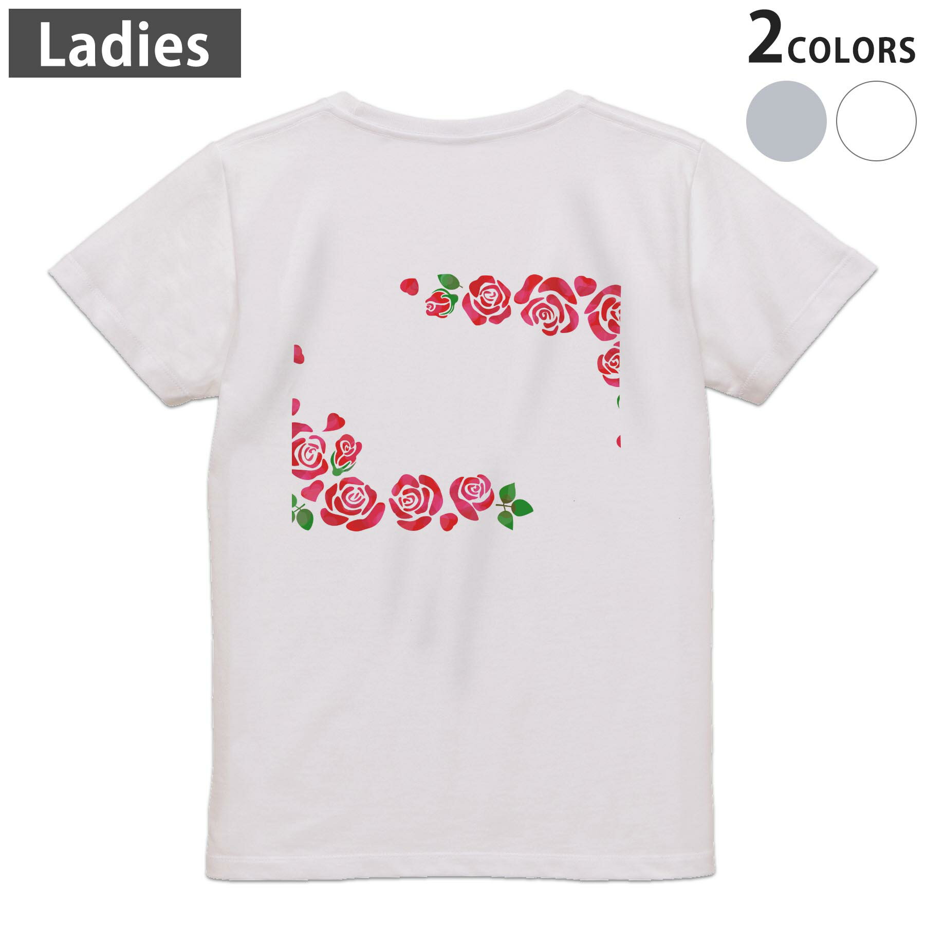 Print - Tシャツ レディース バックプリント 半袖 ホワイト グレー デザイン M Lティーシャツ T shirt 016254 バラ　花
