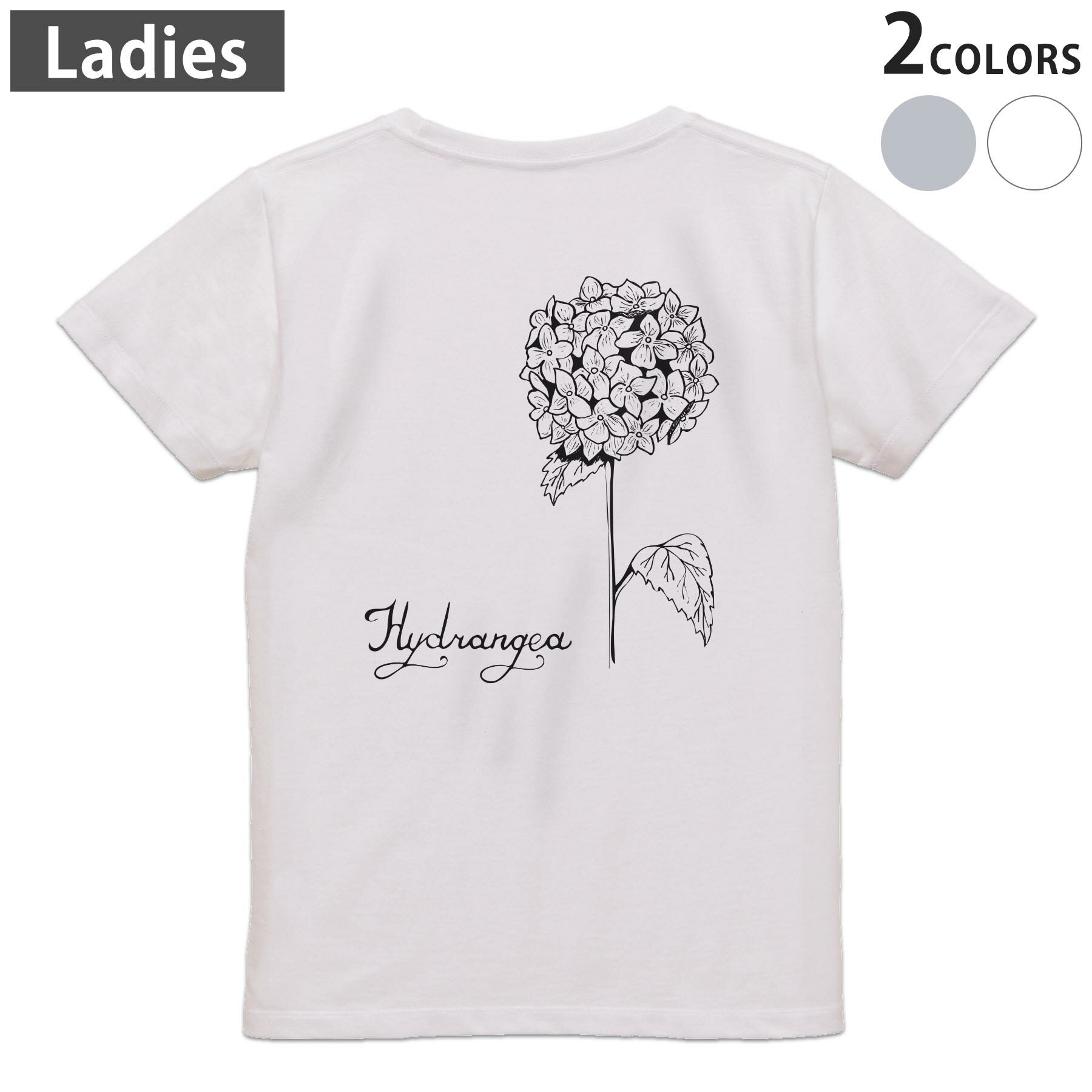 Tシャツ レディース バックプリント 半袖 ホワイト グレー デザイン M Lティーシャツ T shirt 016339 あじさい 梅雨 花